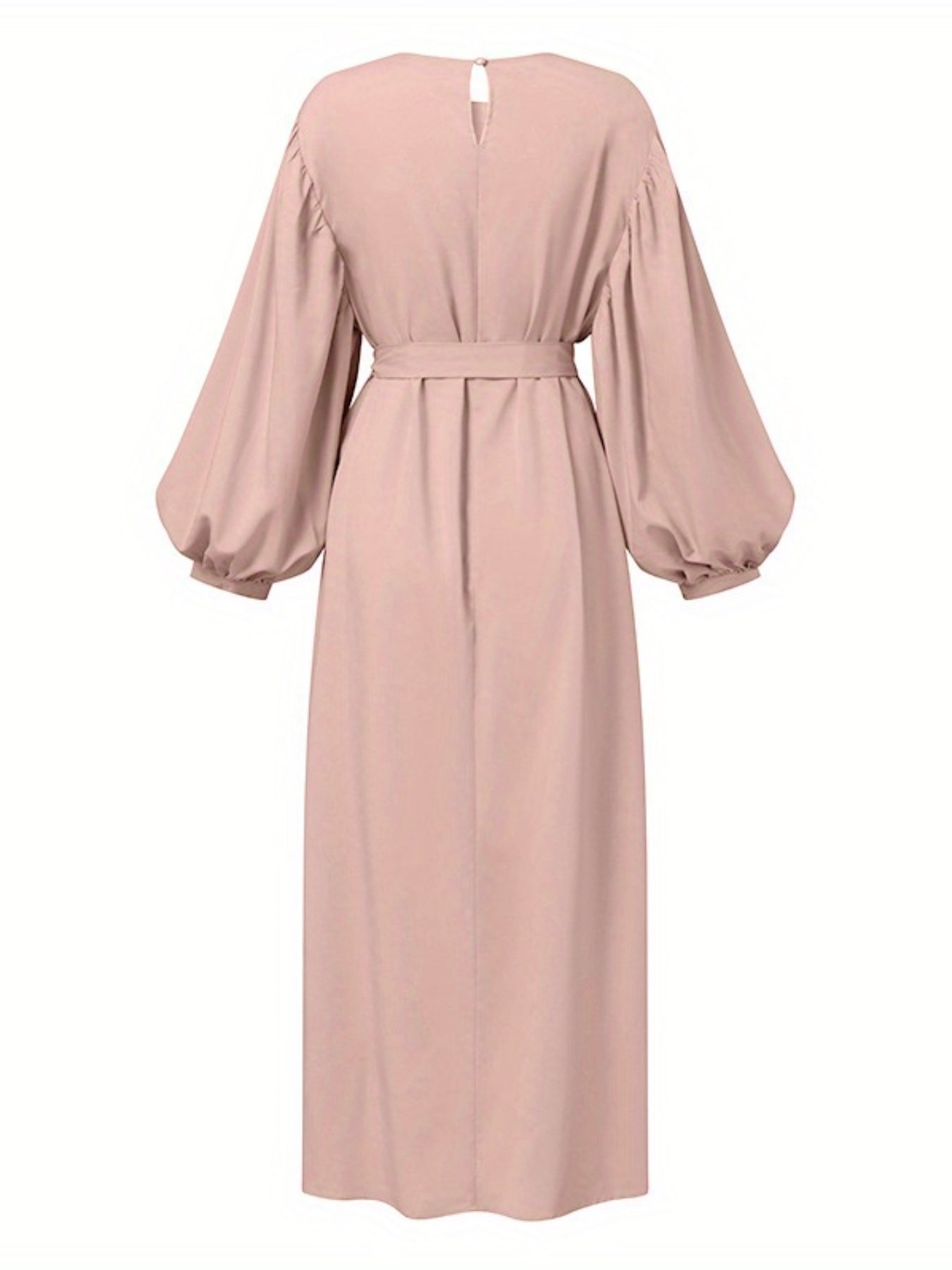 Women's Solid Color Arabic Abaya Dress with Belt - Modern Arabic Style Long Dress, Round Neck Lantern Sleeves, Adjustable Waist Tie, All-Season Casual & Vacation Dress for Women