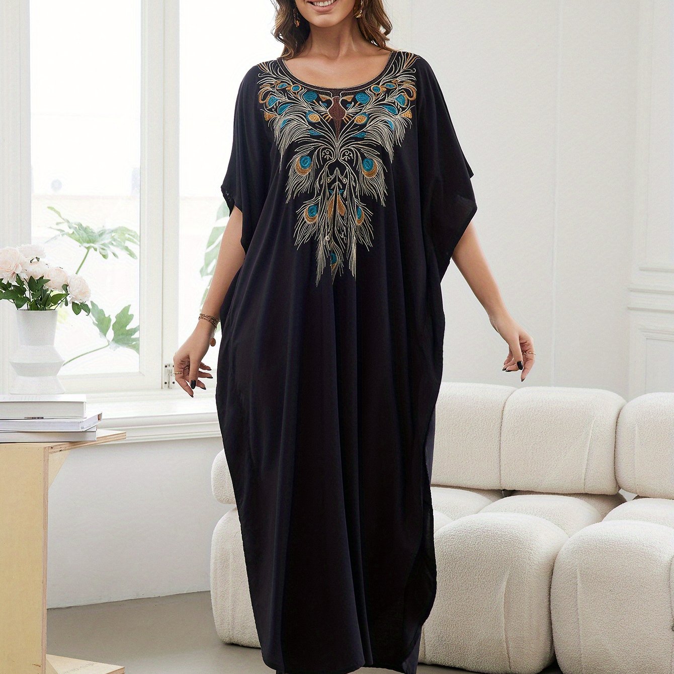 Women's Long Kaftan Beach Cover Up Embroidered Vacation Robe Bat Sleeve Side Slit Swimsuit Cover Up