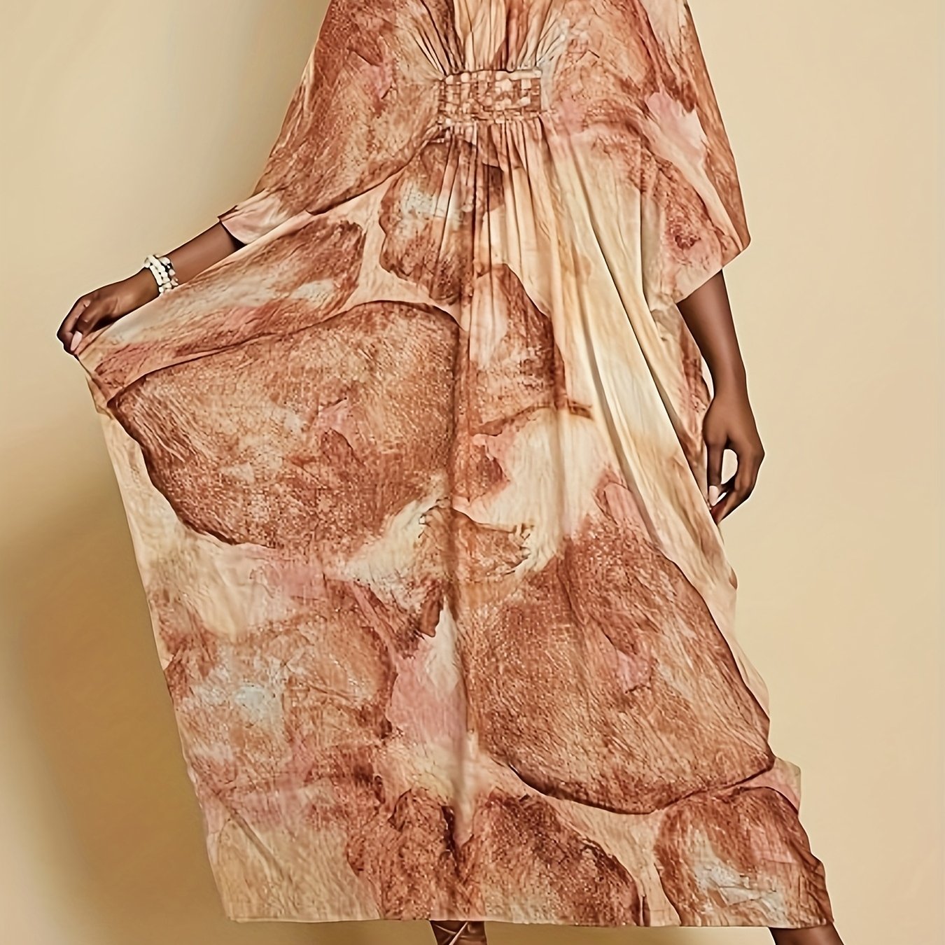 Plus Size - Plus Size Kaftan Dresses For Women V Neck Swimsuit Coverup Floral Print Kaftan Maxi Beach Dress Brown