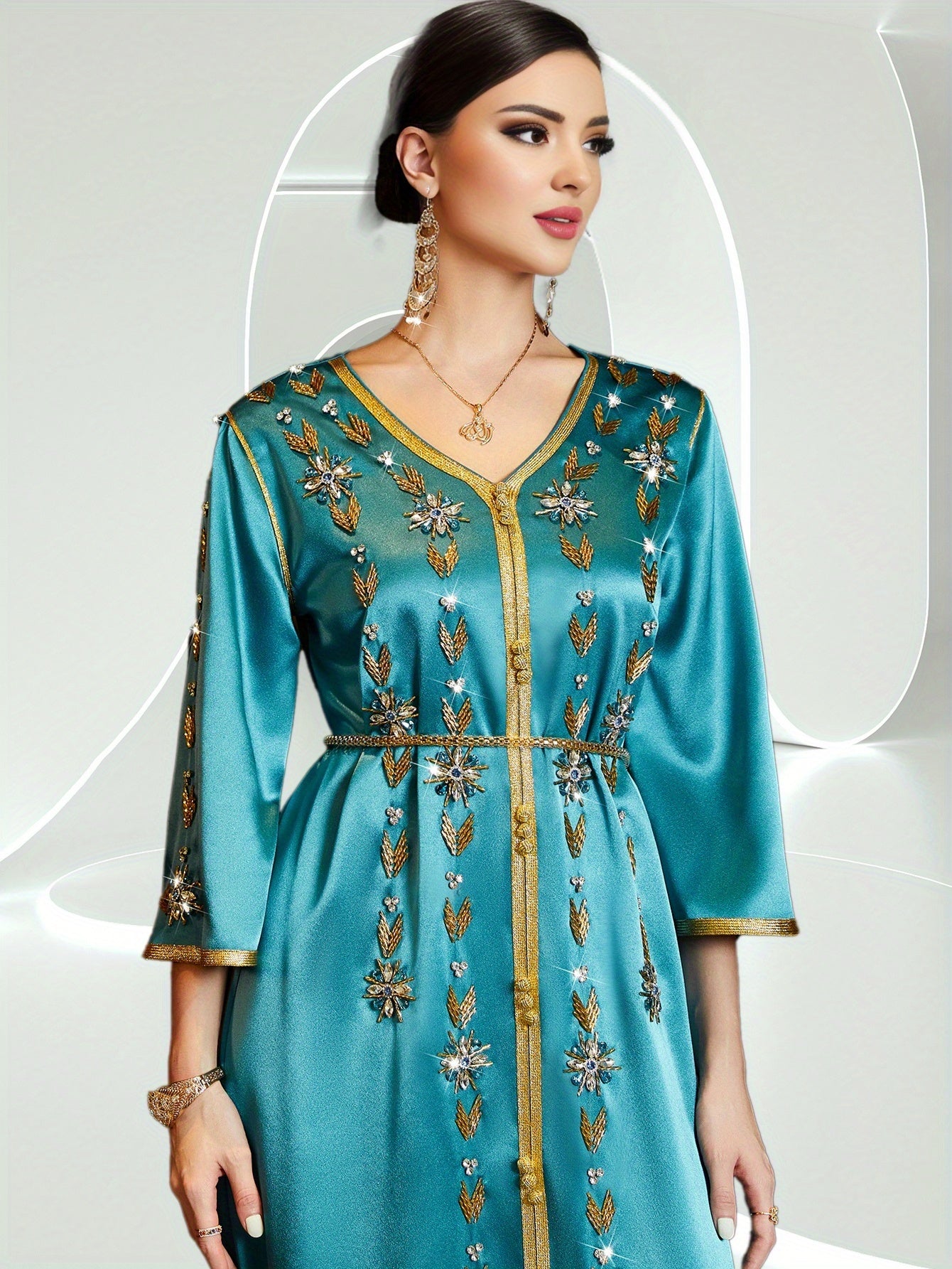 Elegant Rhinestone Embellished Polyester Abaya Dress, Solid Color, Woven Fabric, All-Season Long Robe with for Women, Middle Eastern Muslim Fashion Banquet Traditional Wear