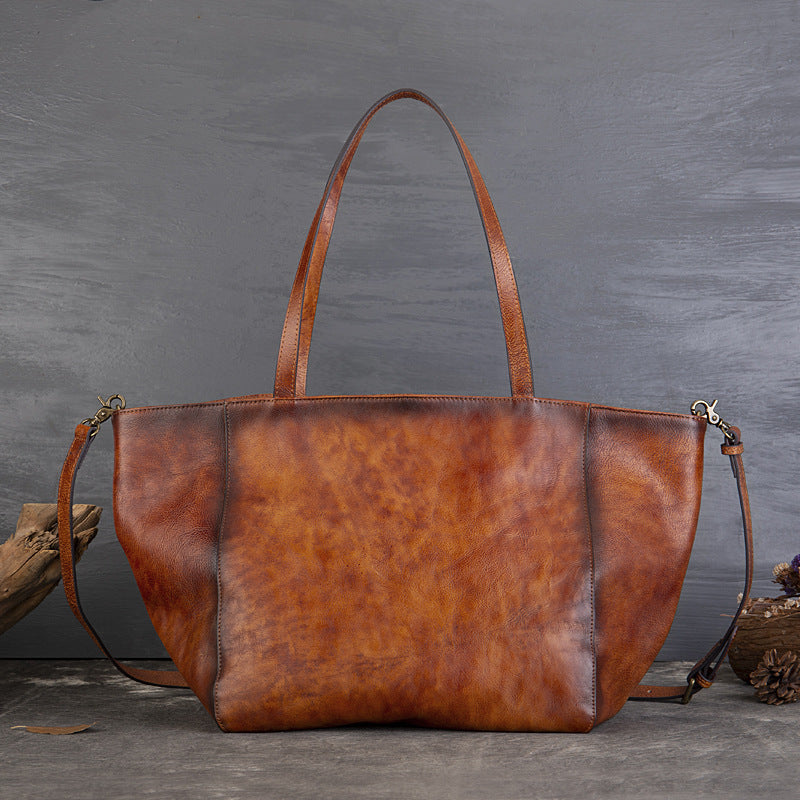 Tanned Cowhide Large Capacity Tote Bag, Genuine Leather One-Shoulder Cross-Span Bag Women's Large Bag Shopping Bag