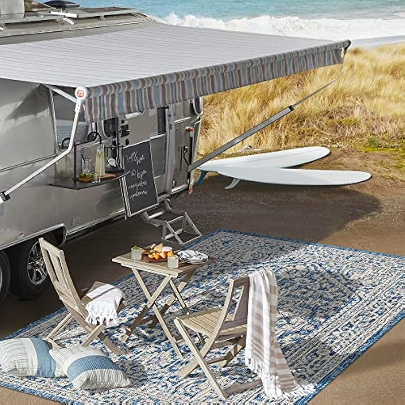 Textured Weave Indoor Outdoor Navy Gray 3 ft. x 5 ft. Area Medium Rug Coastal Easy Cleaning For High Traffic Kitchen Living Room Backyard Non Shedding