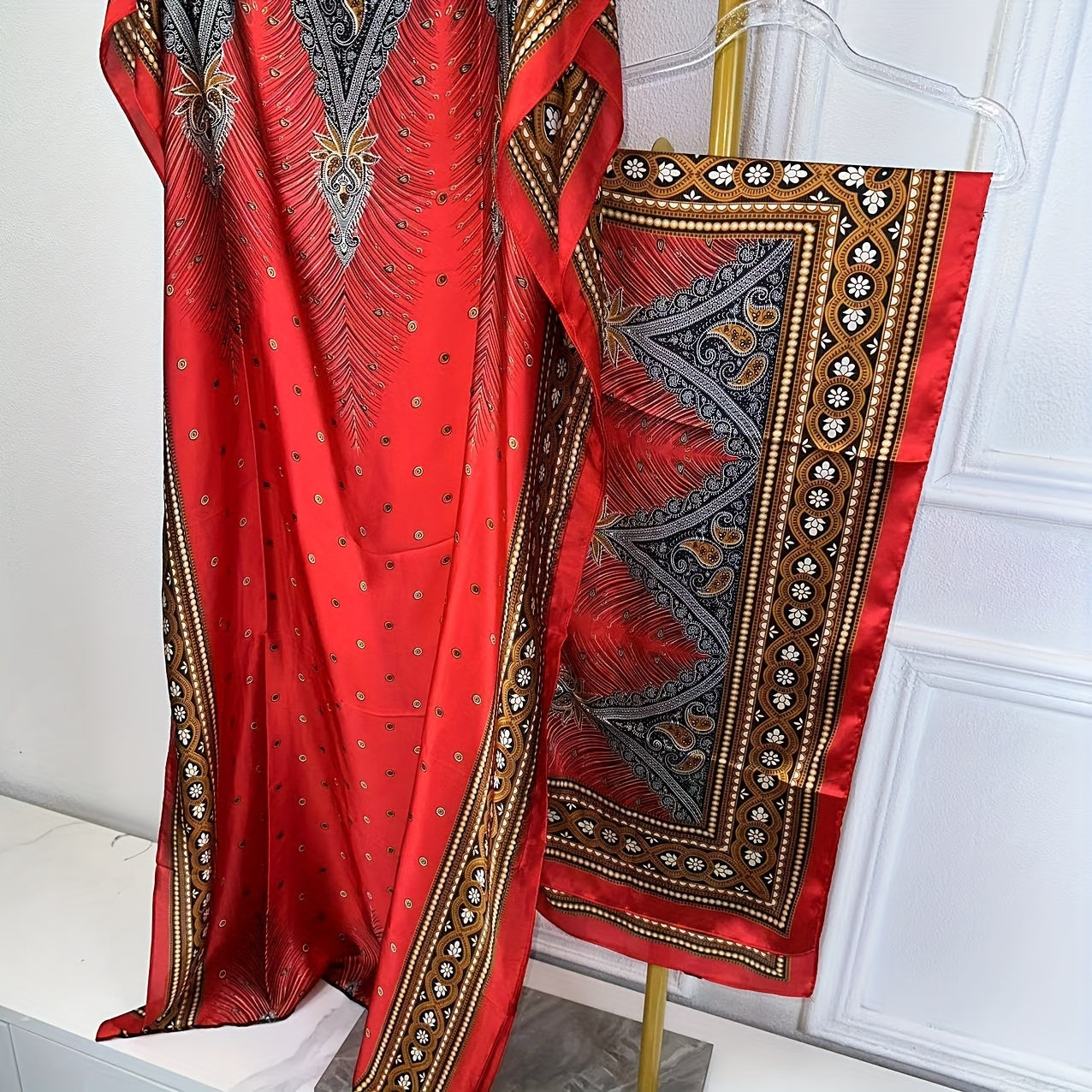 Print Abaya | Women's Clothing | Elegant Short Batwing Sleeve Kaftan | Loose Dress With Scarf | For Spring & Summer