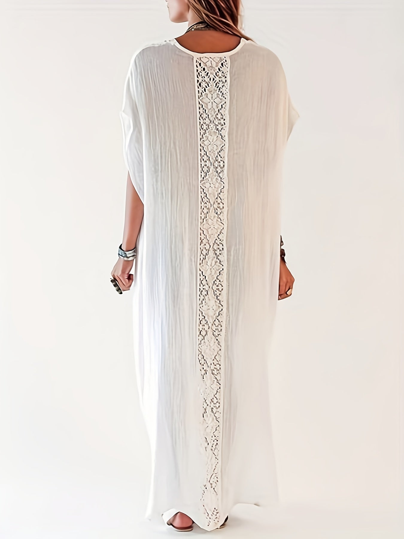 Plus Size, Women White Bathing Suit Cover Ups for Swimwear Short Sleeve Beach Kaftan Dress