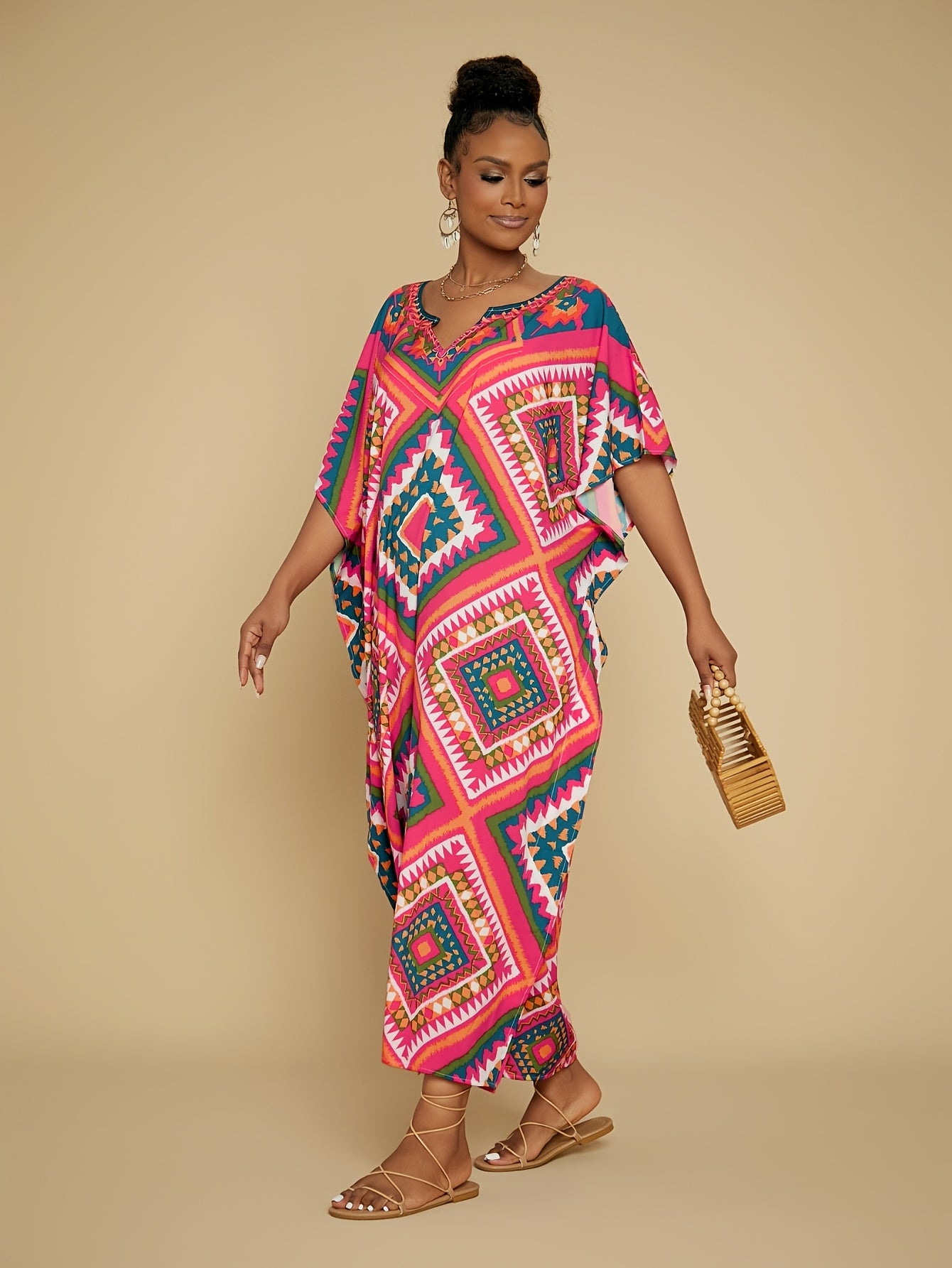 Women's Elegant V-neck Gown Skirt Square Geometric Pattern Resort Beach Caftan Cover-up Is Suitable For Spring, Summer and Autumn