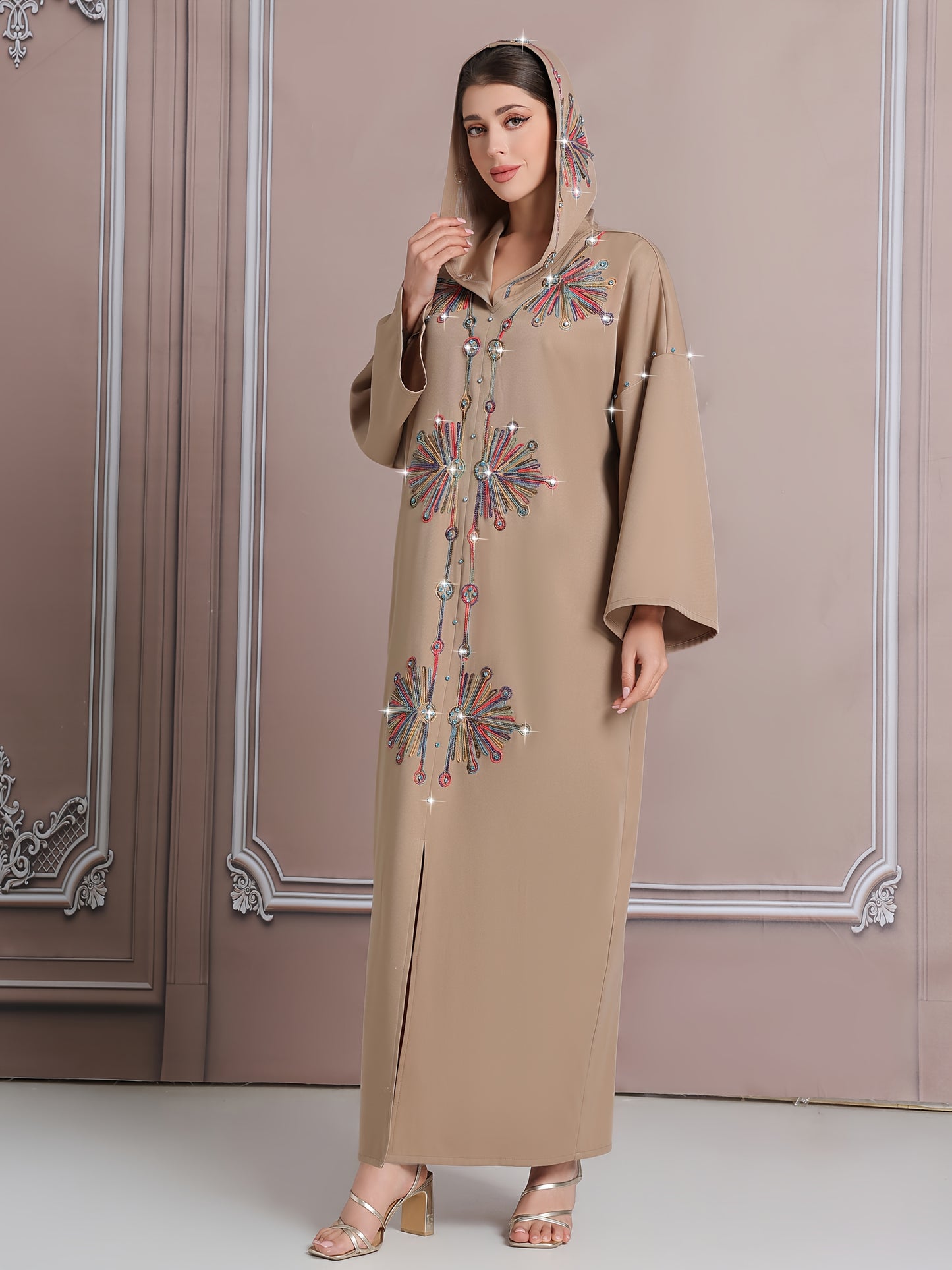 Elegant Long-Sleeve Kaftan with Colorful Embroidery - Polyester, Drop Shoulder, Slit Hem, No Belt, All-Season Wear, Abaya for Women, Festive Attire|Elegant Embroidery|Polyester Kaftan