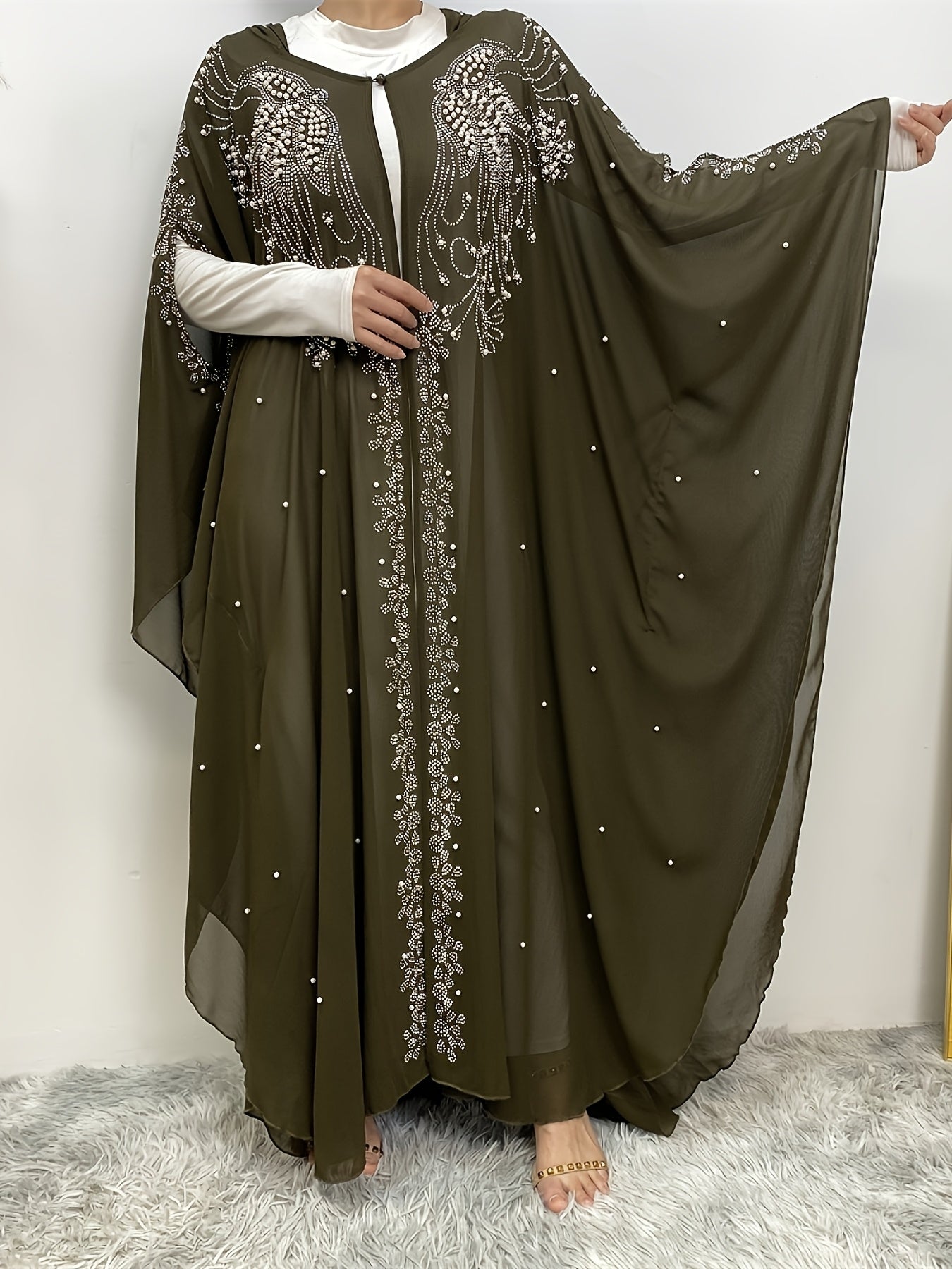 Luxury Chiffon Rhinestone-Embellished Hooded Muslim Kimono Abaya with Batwing Sleeves - Long Formal Party Gown, Machine Washable Elegant Modest Evening Dress for Spring/Summer