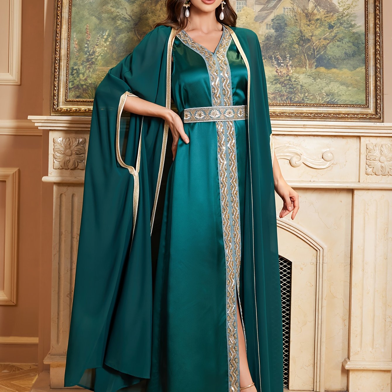 Arabian Middle Eastern Women's Long Abaya Dress Two-Piece Set, Embroidered Decoration, Chiffon V-Neck Dark Green, Elegant and Luxurious Court Style