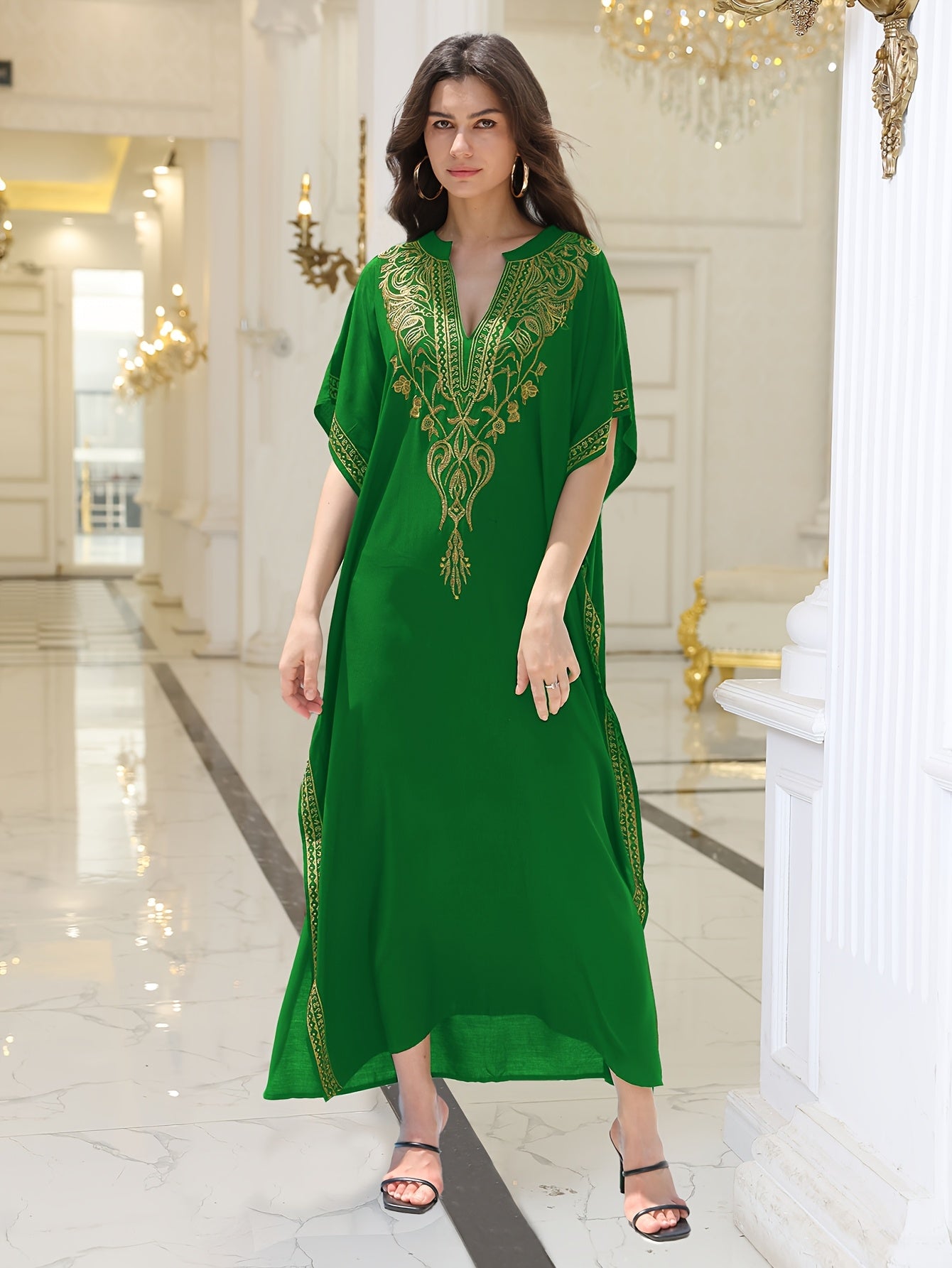 Long Robe Golden Embroidered Vacation Robe Kaftan Dress V-neck Beach Cover Shirt Kaftan