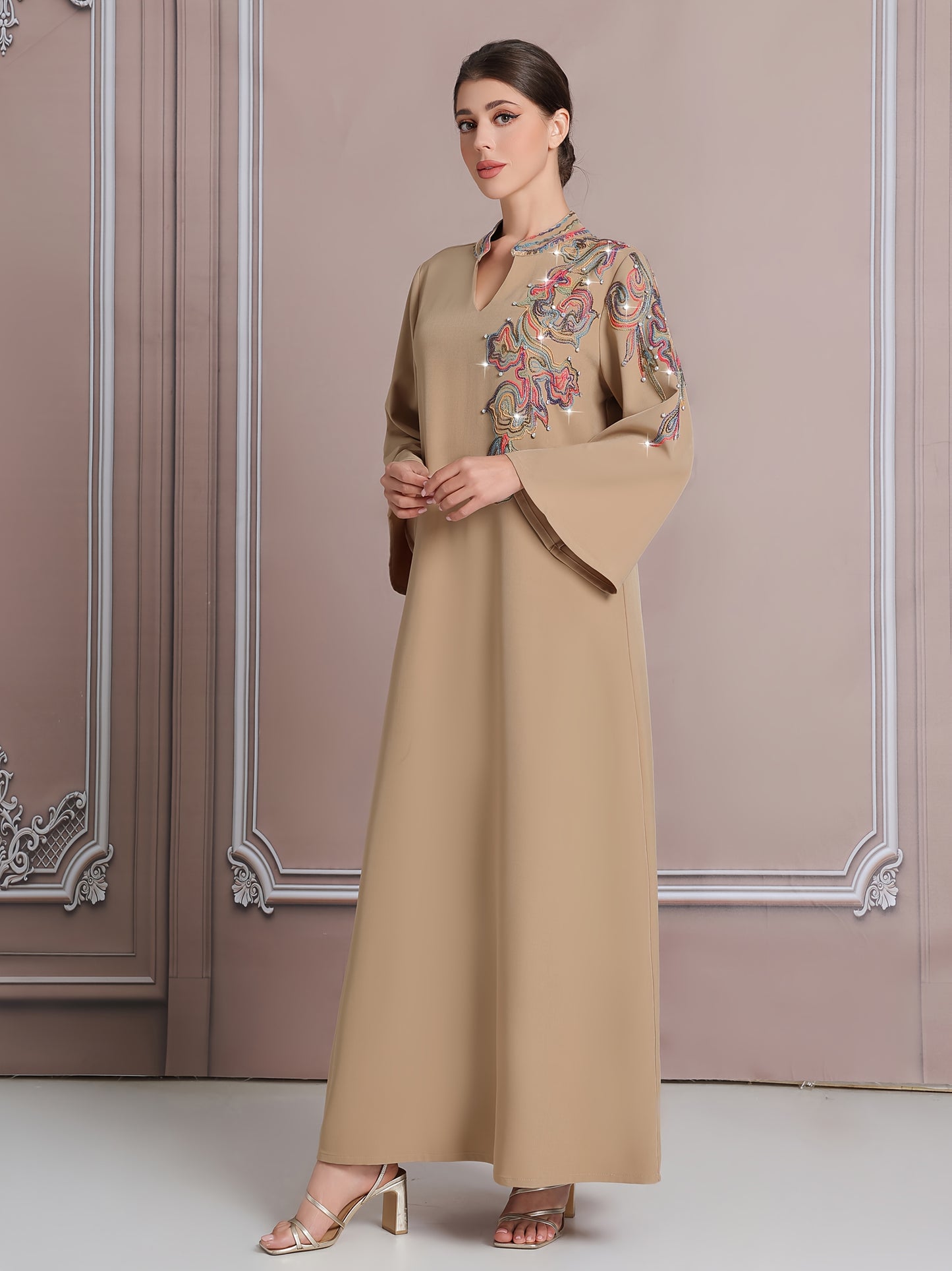 Elegant Dubai-Inspired Modern Kaftan Abaya for Women - Colorful Embroidered Long Robe with Large Size, Beige Abaya, Middle Eastern Fashion, Fashionable Clothing