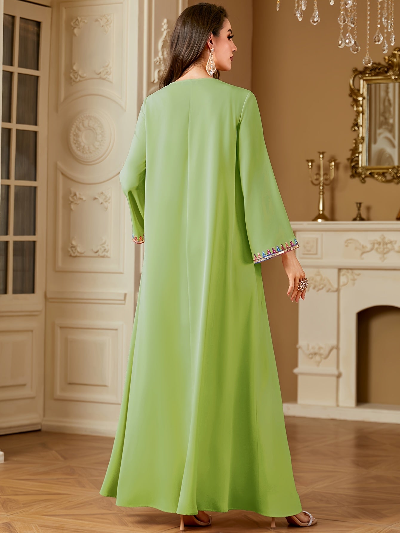 Elegant V-Neck Long Sleeve Kaftan Abaya with Sequin Detail - Polyester, Non-Stretch, Regular Fit for All Seasons
