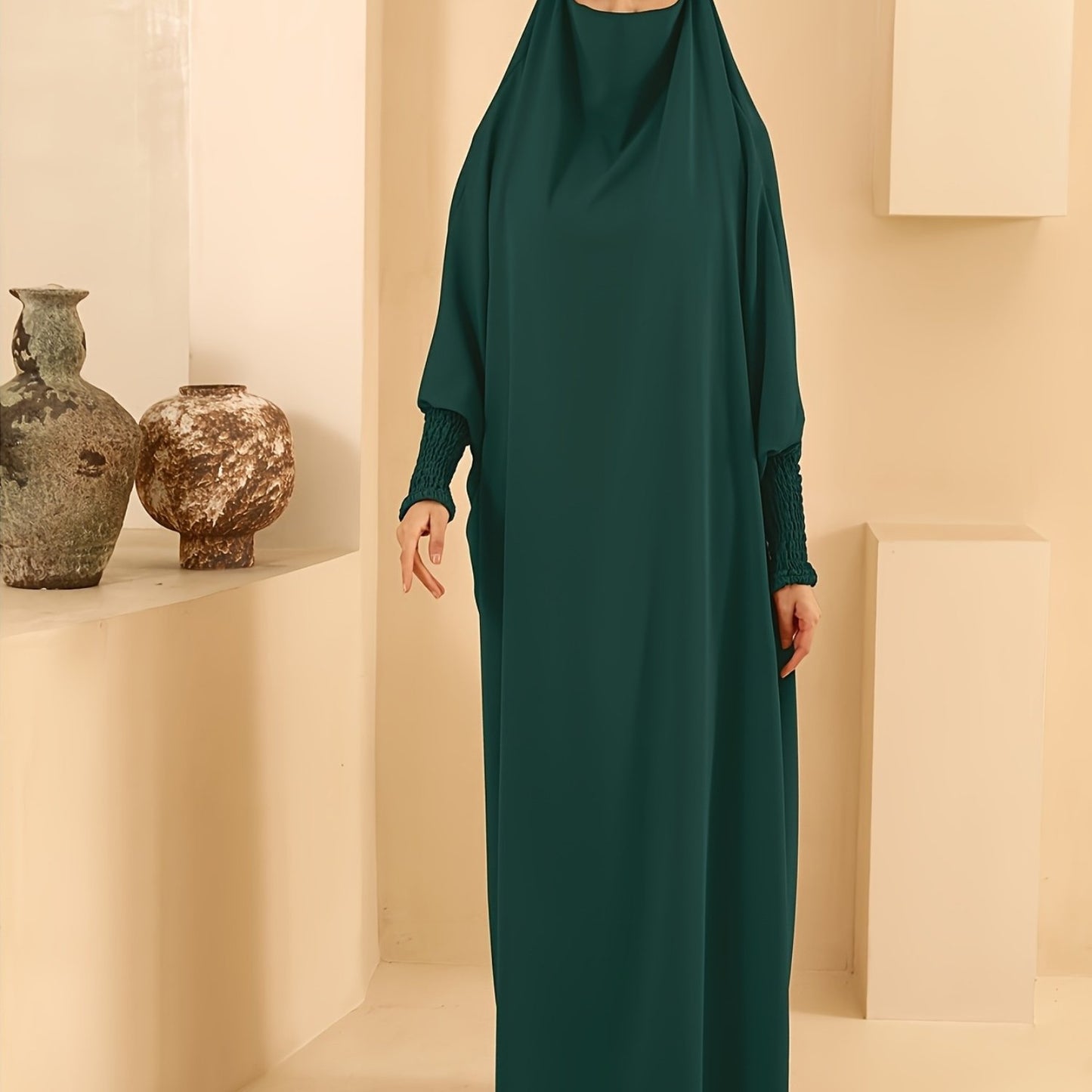 Women's Long Sleeve Abaya Dress - Loose Fit Solid Blue Kraft Style with Frill Hem