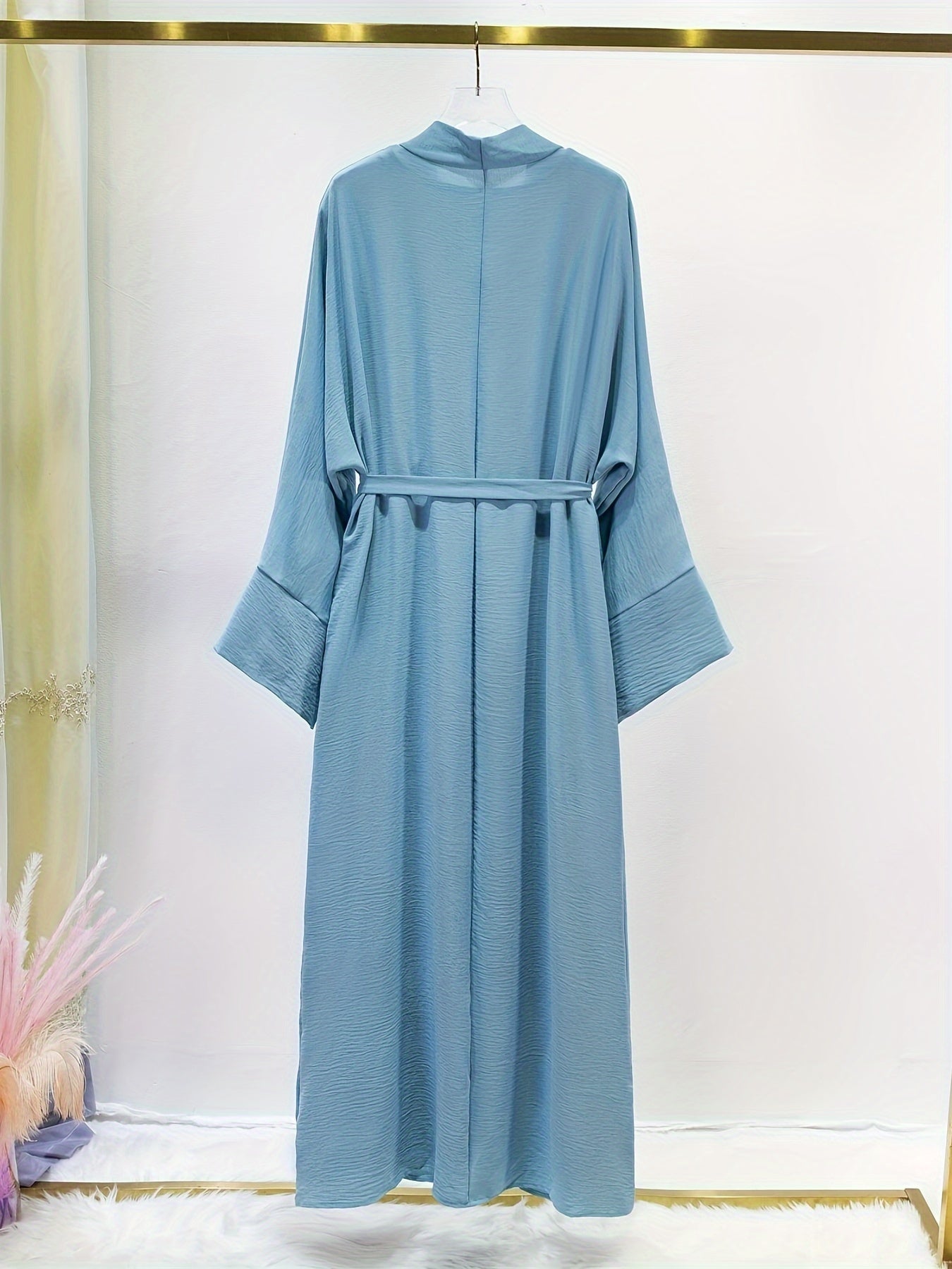 Ramadan Solid Color Modest Pakistani Abaya Set, Casual Crew Neck Sleeveless Tank Dress & Open Front Long Sleeve Tie Cardigan Outfits, Women's Clothing