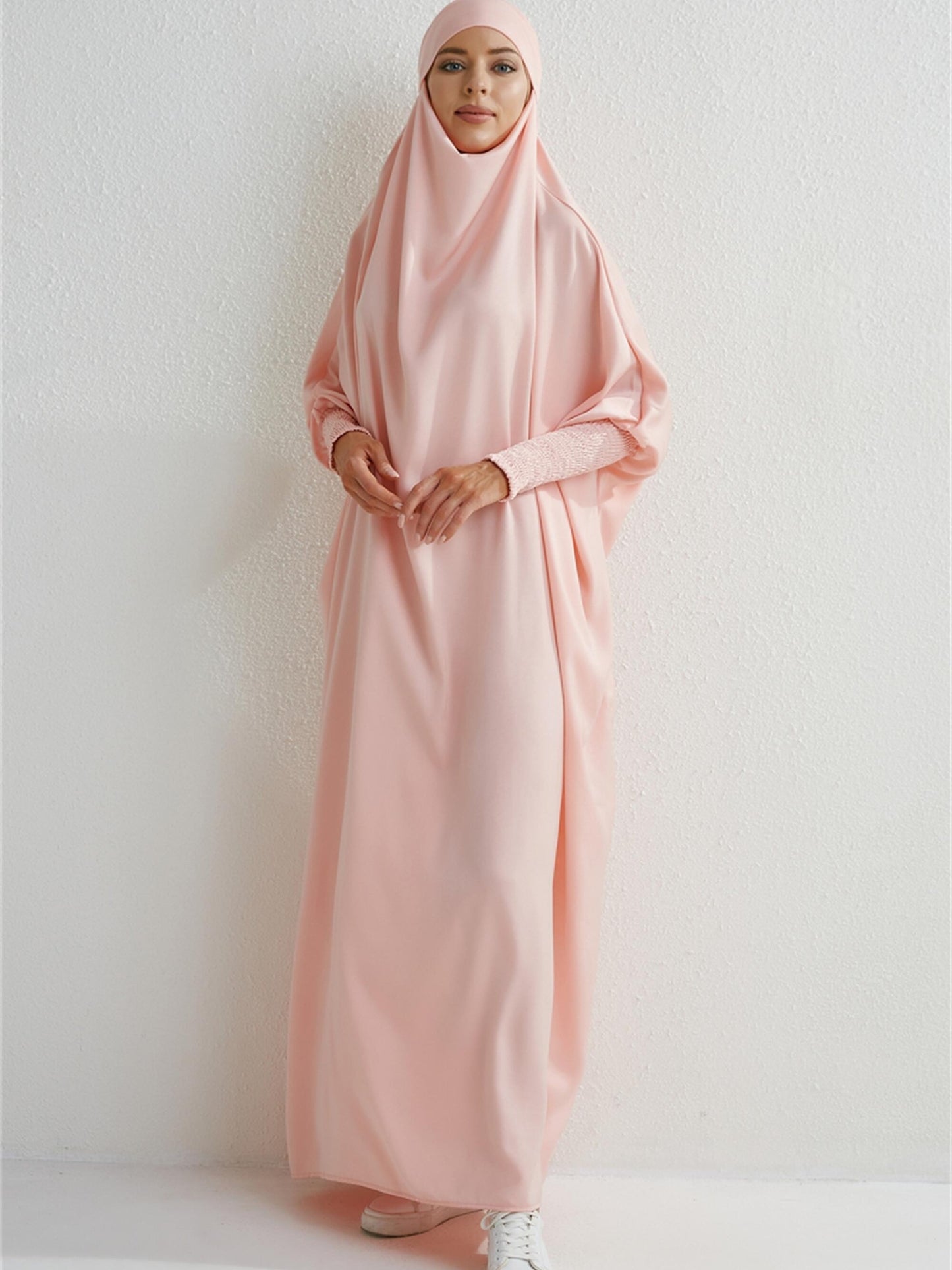 Women's Modest Jibab Abaya Dress with Hijab - Batwing Sleeves & Smocking Detail, Full-Length Prayer Robe, Islamic Clothing, Machine Washable Solid Color for Ramadan & Daily Wear, Allseason Robe, Hshaped Silhouette, Nontransparent F
