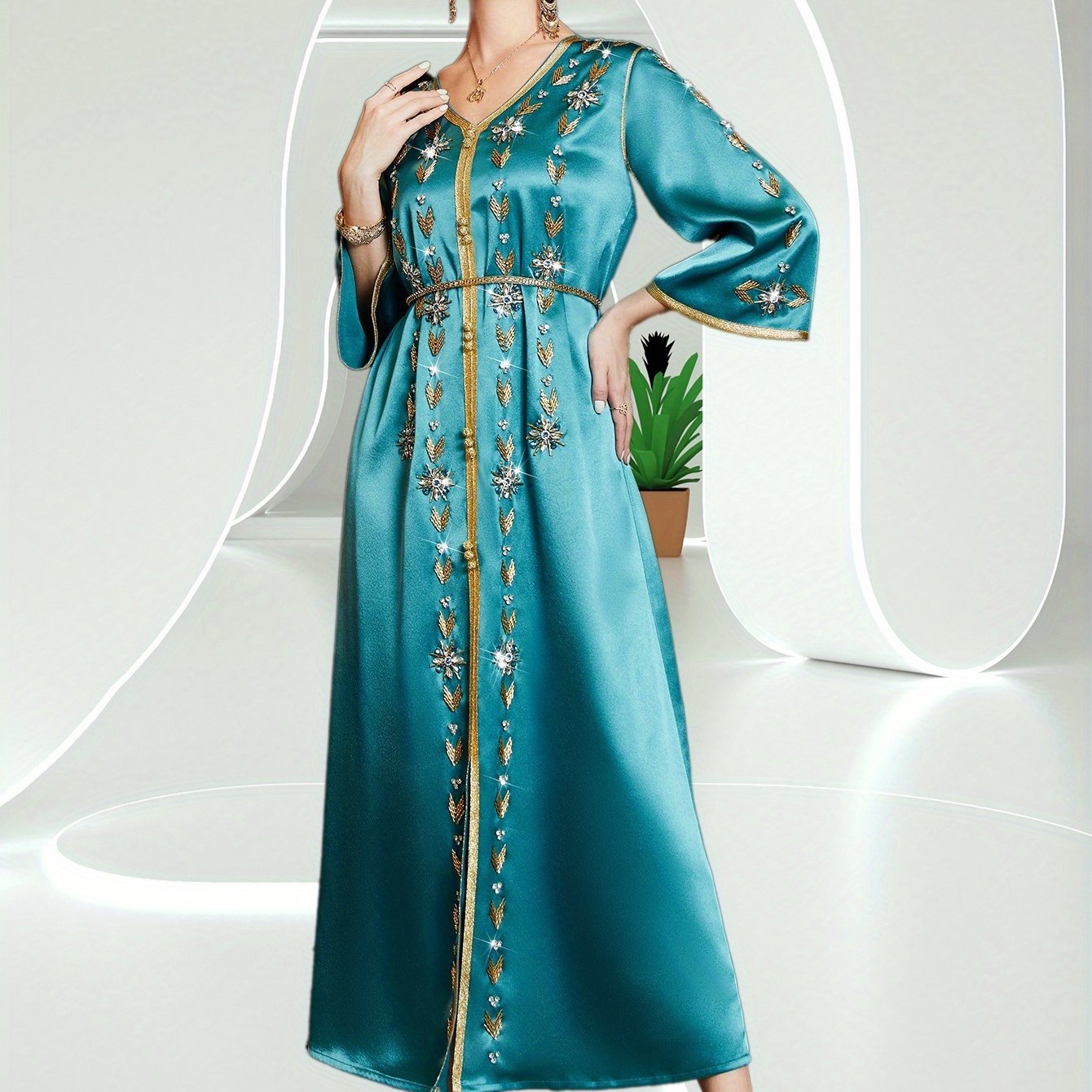 Elegant Rhinestone Embellished Polyester Abaya Dress, Solid Color, Woven Fabric, All-Season Long Robe with for Women, Middle Eastern Muslim Fashion Banquet Traditional Wear