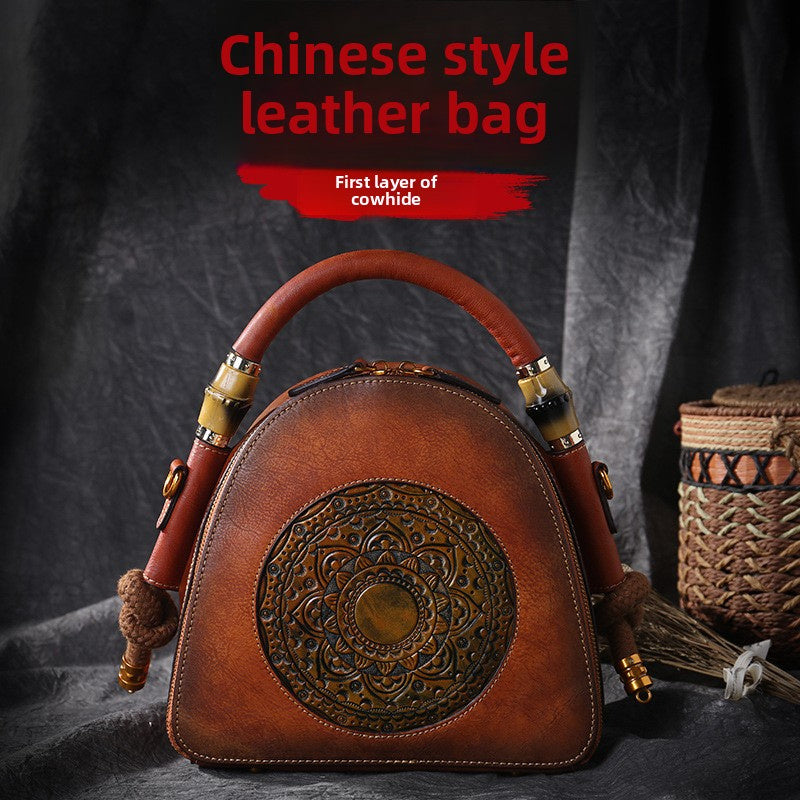 Genuine Leather Women's Crossbody Bag - Retro Chinese-Style Embossed Design, Adjustable Shoulder Strap, Zipper Closure, Top-Grain Cowhide Shell
