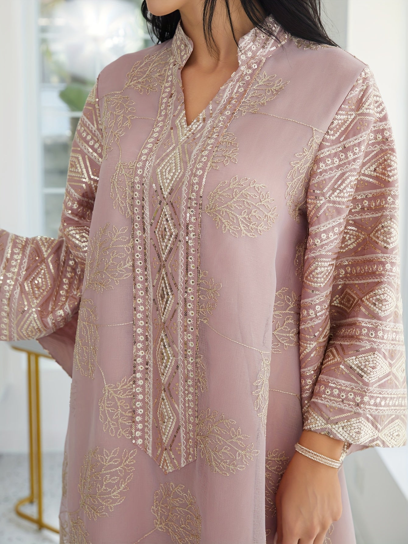 Oriental Middle Eastern Muslim Eid New Style Dress Women's Abaya V-Neck Regular Fashion Slit Sleeve Mesh Embroidery Beaded Craft Evening Gown Jalabiya Turkish Evening Wear Abaya