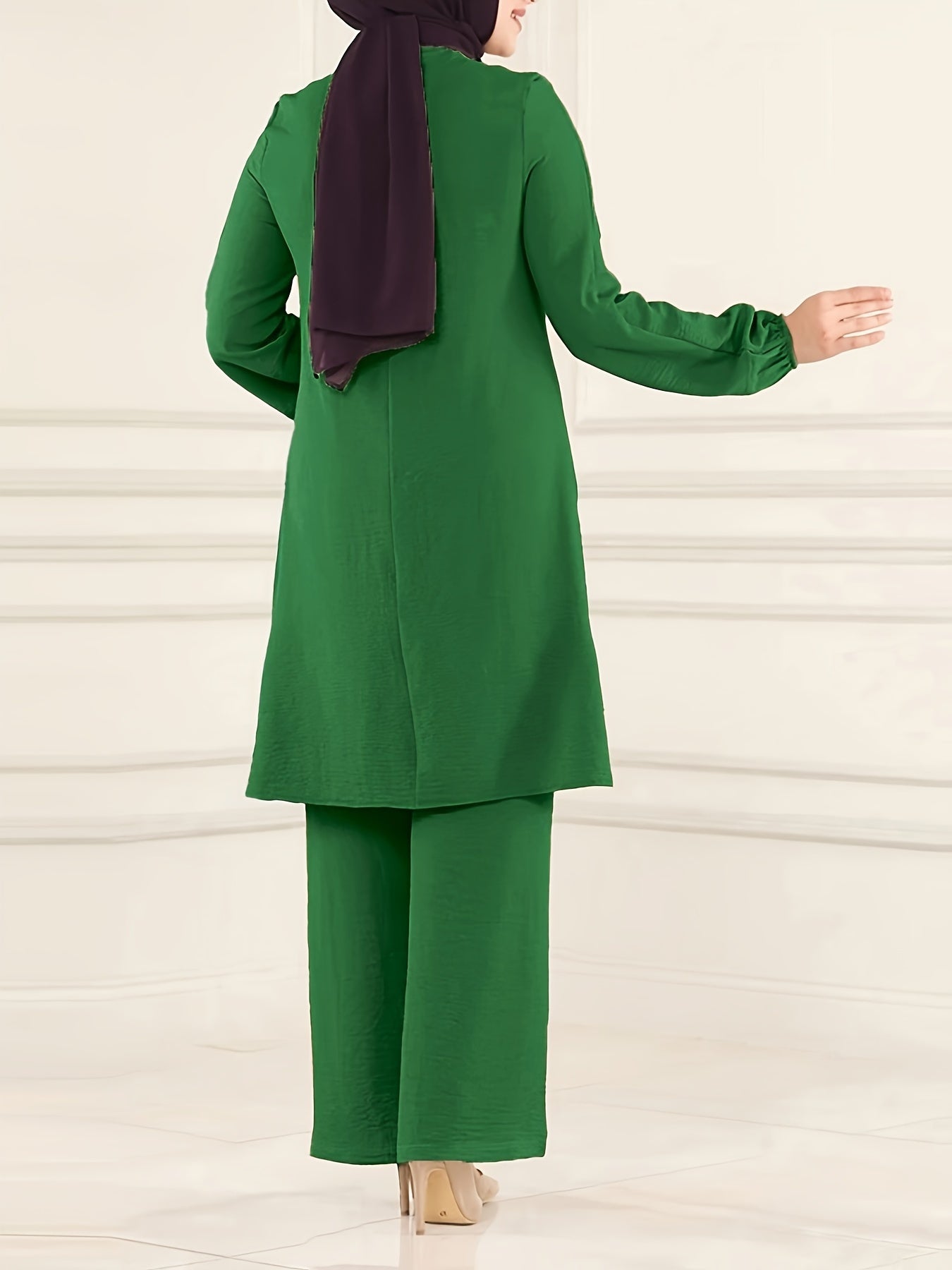 Ramadan Elegant Pure Muslim Two Piece Set, Long Sleeve Round Neck Top and straight-leg Pants Jilbaab Outfits, Women Clothing