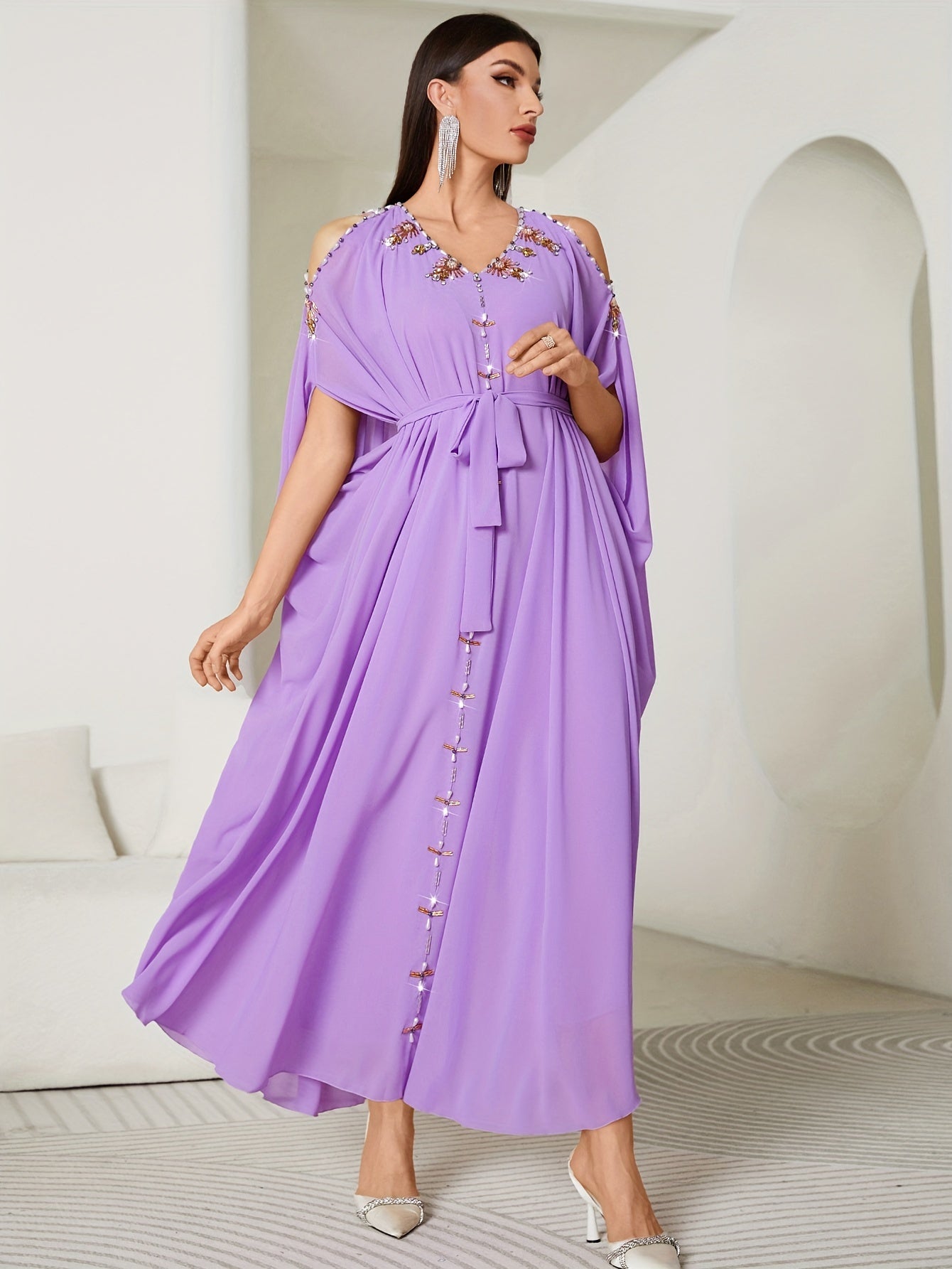 1pc Elegant Off-Shoulder Maxi Modern Abaya with Handcrafted Pearl Embellishments, Solid Color Polyester, All-Season Woven Gown with Large Flounce Sleeves