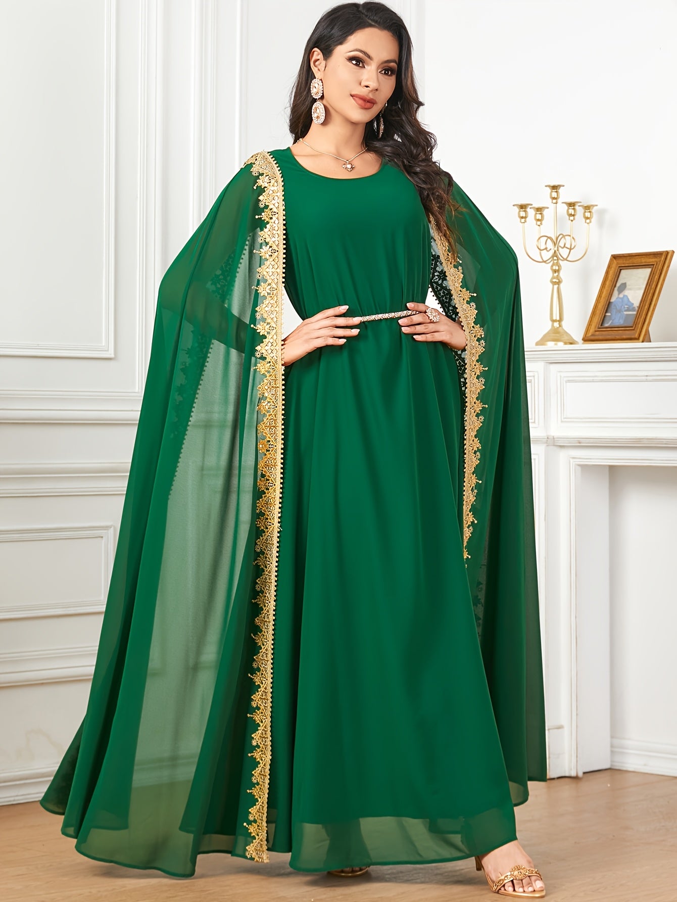 Middle Eastern-Inspired Emerald Green Sequin-Trimmed Lace Embroidery Robe Modern Abaya - Long Sleeve A-Line Gown with Golden Accents, Machine Washable Formal & Casual Wear