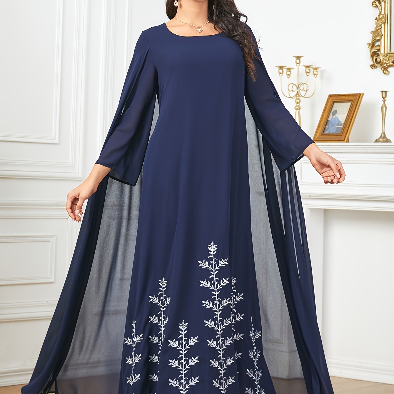 Polyester Traditional Abaya Dress - Solid Color Round Neck Embroidered Long Sleeve with Cape, Regular Fit, All-Season, Middle Eastern Cultural Apparel