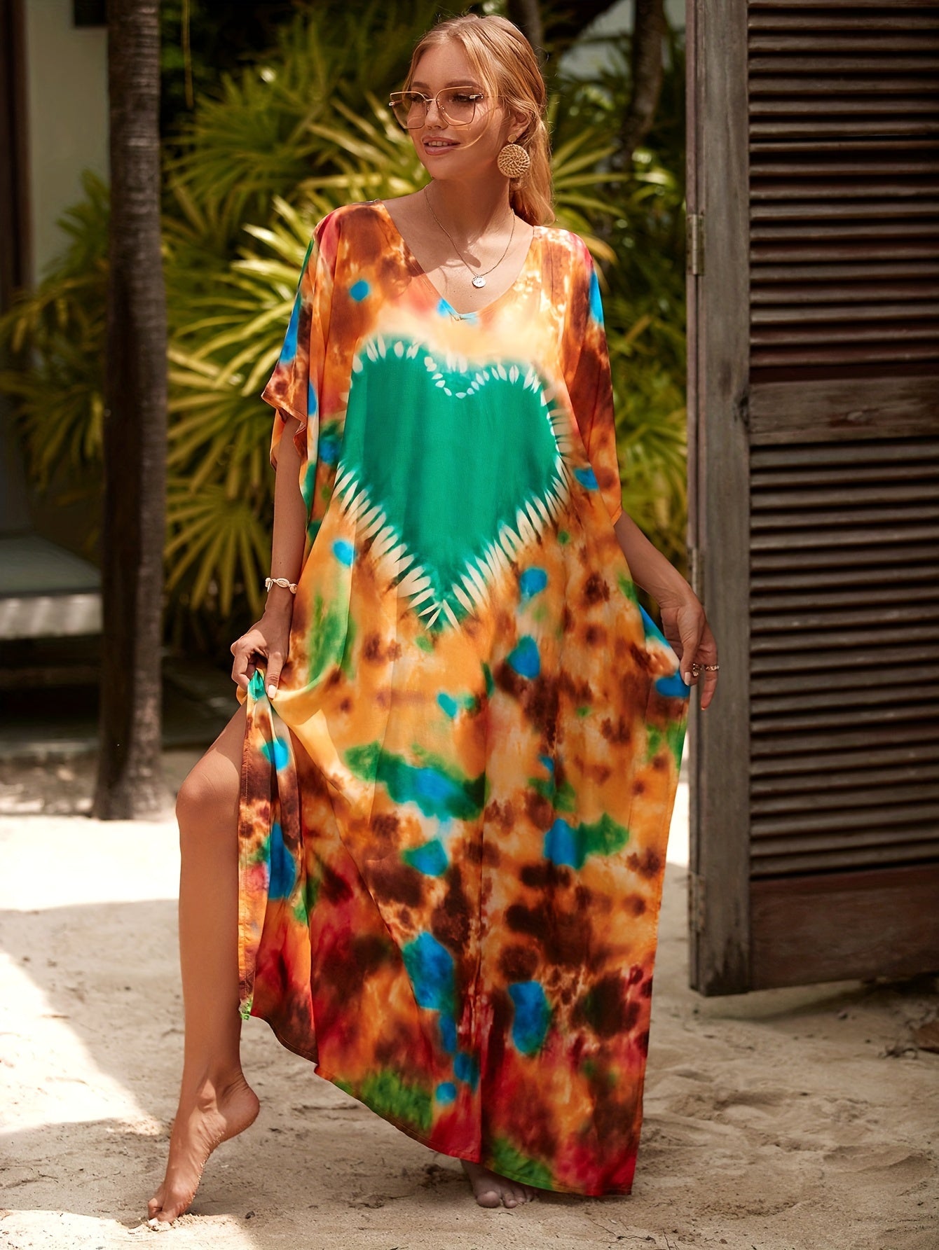 Women's Boho Maxi Kaftan Dress, V-Neck Long Dress Swimsuit Cover-Up, Casual Plus-Size Beachwear For Summer Vacation