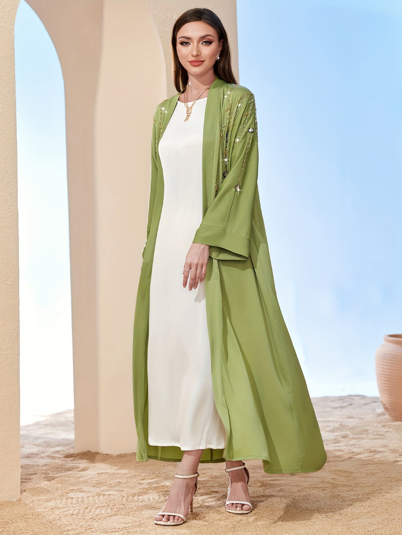 Rhinestone Long Sleeve Modest Dress, Elegant Open Front Abaya Loose Ankle Dress For Spring & Fall, Women's Clothing