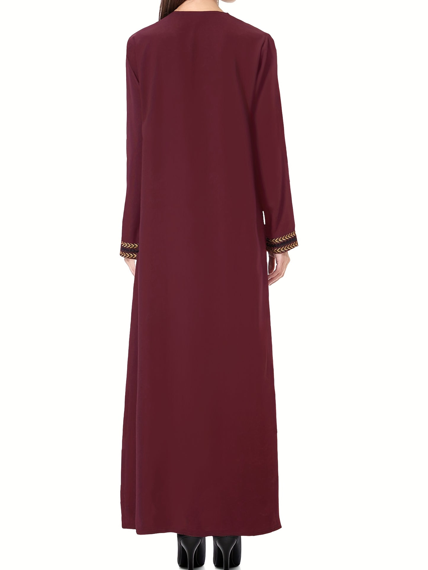 Navy Blue Muslim Kaftan Dress | Elegant Jibab Abaya, Golden Embroidery, Sleeve, Loose Fit, Maxi Length, Hijab-Friendly Design, All-Season Wear