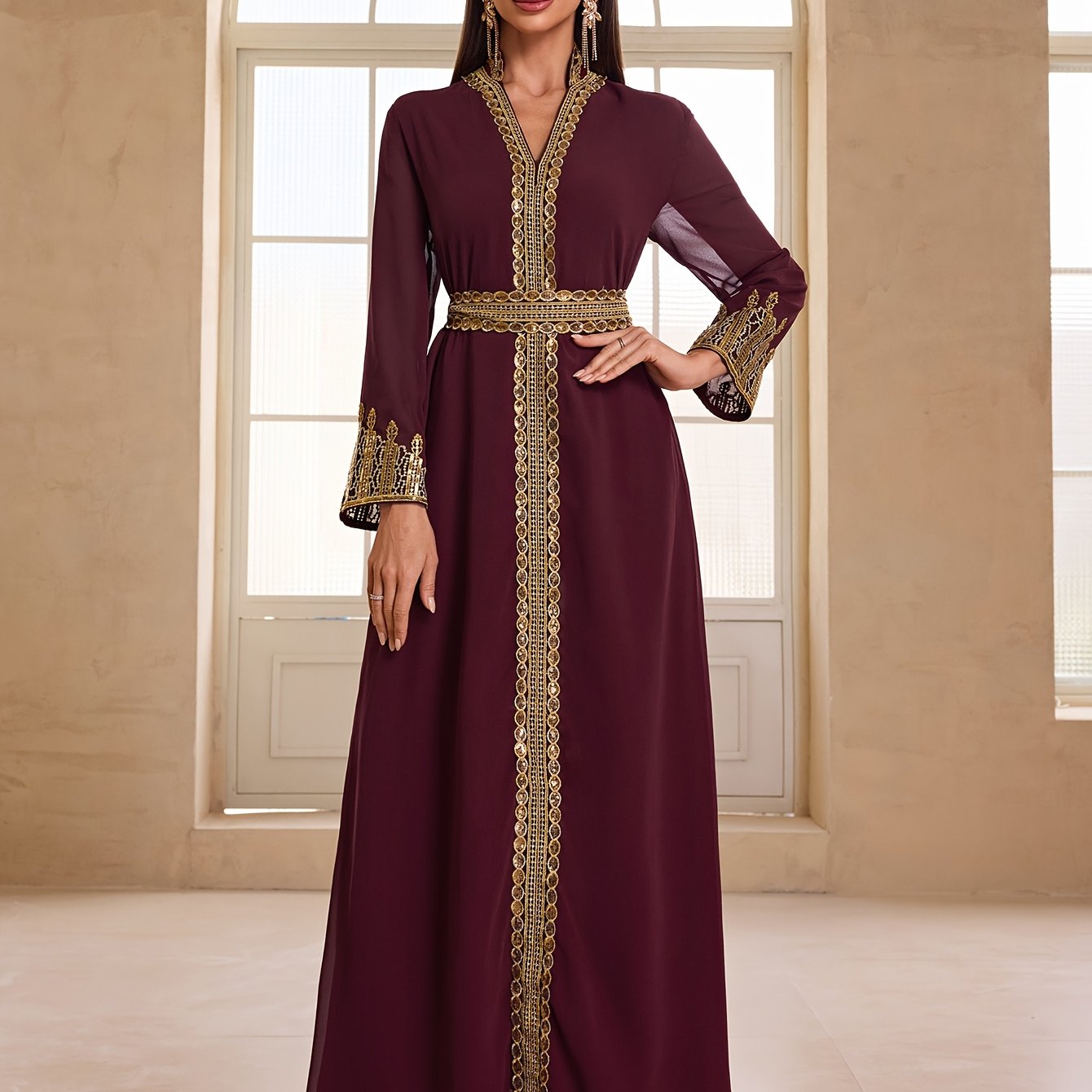 Elegant Women's Banquet Evening Modern Abaya - Maroon Chiffon with Golden Lace Embroidery, Stand Collar, Long Sleeves, and Waistband, Perfect for Formal Events, Formal Evening Wear