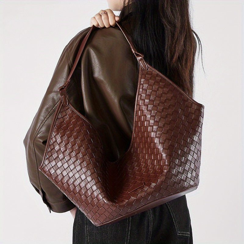 2025 New Women's Vintage Cowhide Woven Genuine Leather Tote Bag - Large Capacity Zipper Closure, Durable Polyester Lining for Commuting