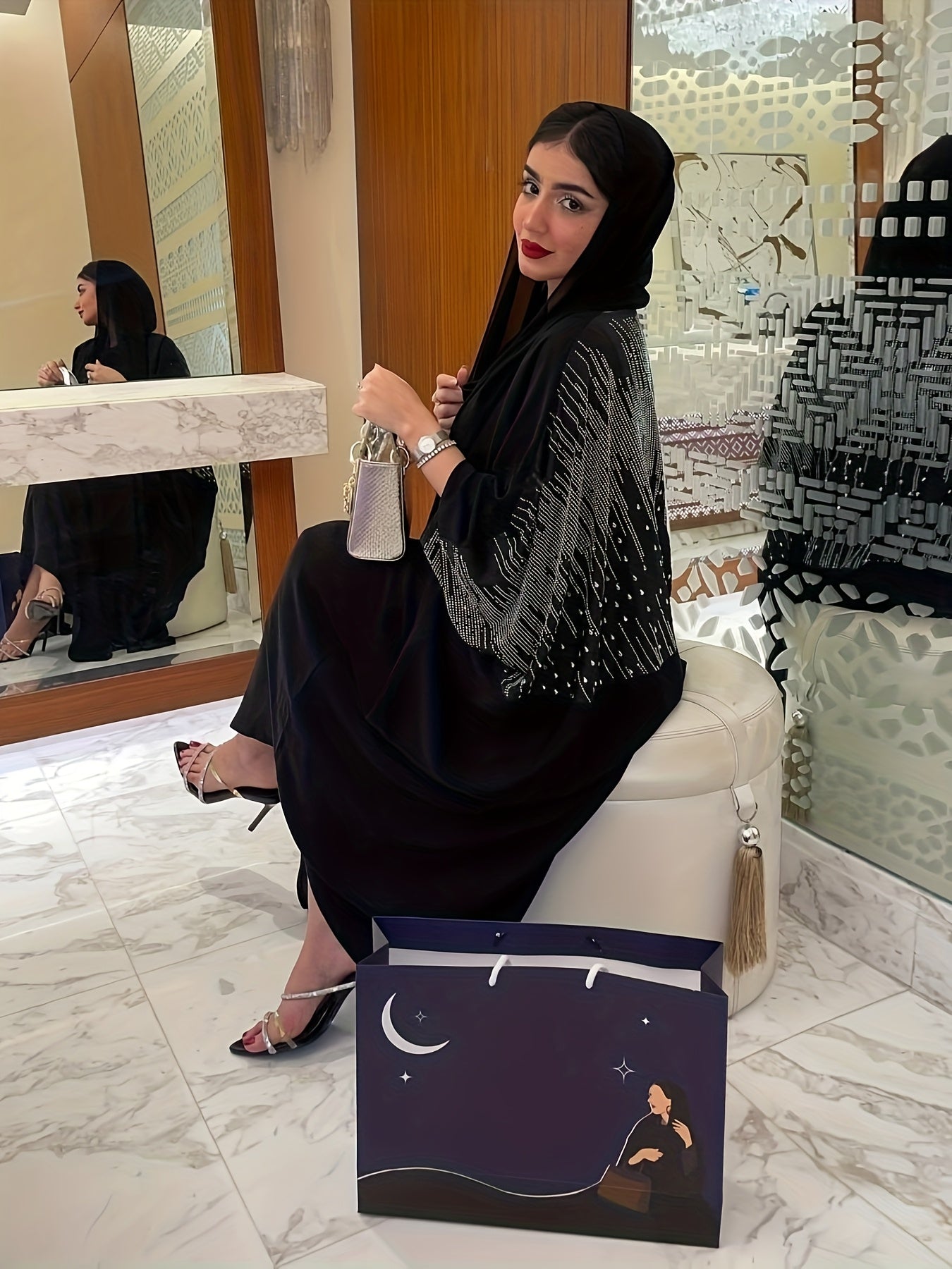 Elegant Rhinestone-Embellished Batwing Sleeve Butterfly Abaya - Solid Black Modest Muslim Women's Long Robe, Machine Washable All-Season Party & Formal Evening Gown