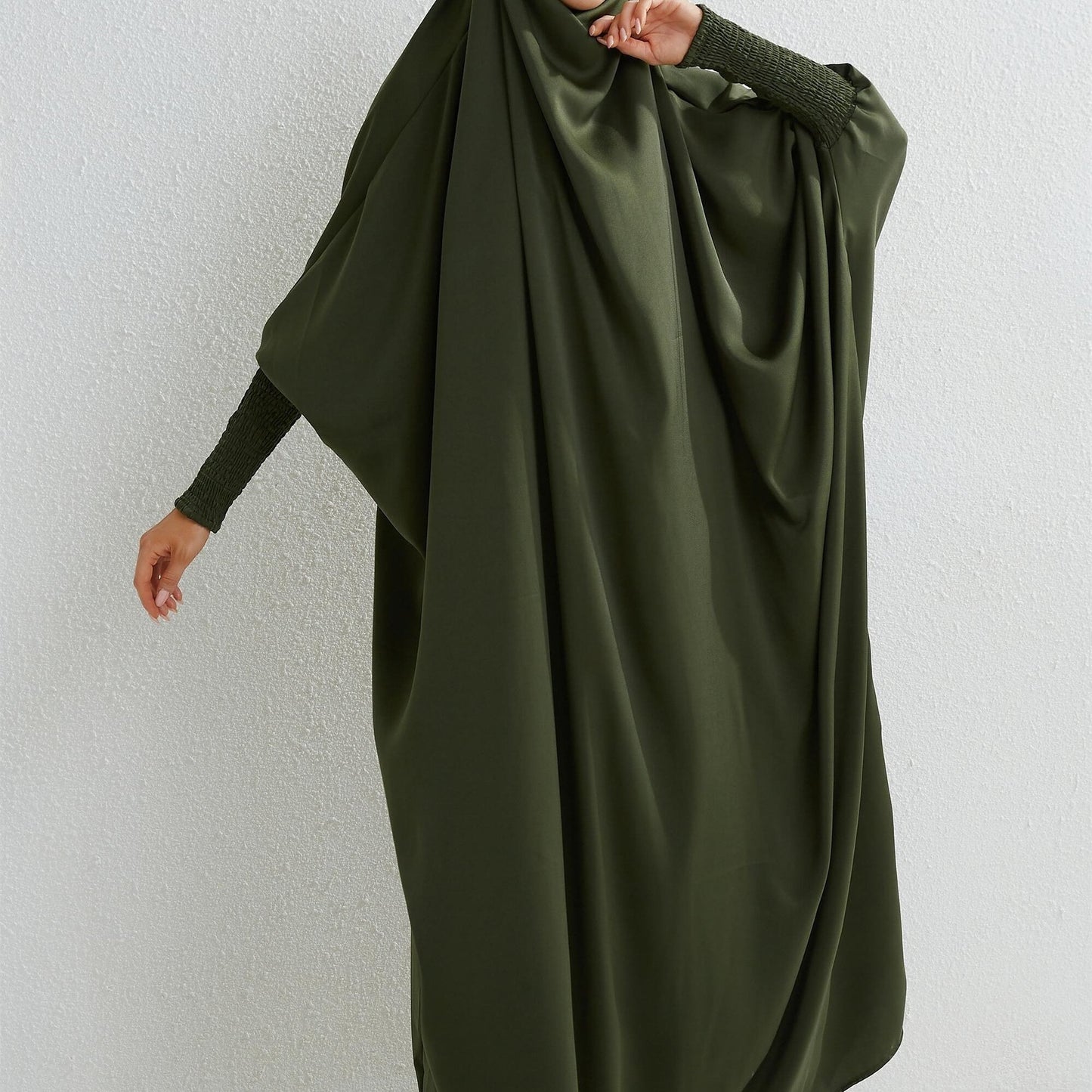 Women's Modest Jibab Abaya Dress with Hijab - Batwing Sleeves & Smocking Detail, Full-Length Prayer Robe, Islamic Clothing, Machine Washable Solid Color for Ramadan & Daily Wear, Allseason Robe, Hshaped Silhouette, Nontransparent F
