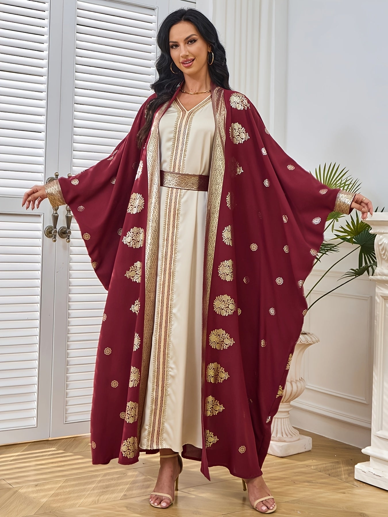 Elegant Maroon & Beige Two-Piece Traditional Dress with Golden Embellishments - Long Sleeve Kaftan Abaya with Batwing Sleeves, Floor-Length Gown for Weddings & Formal Events