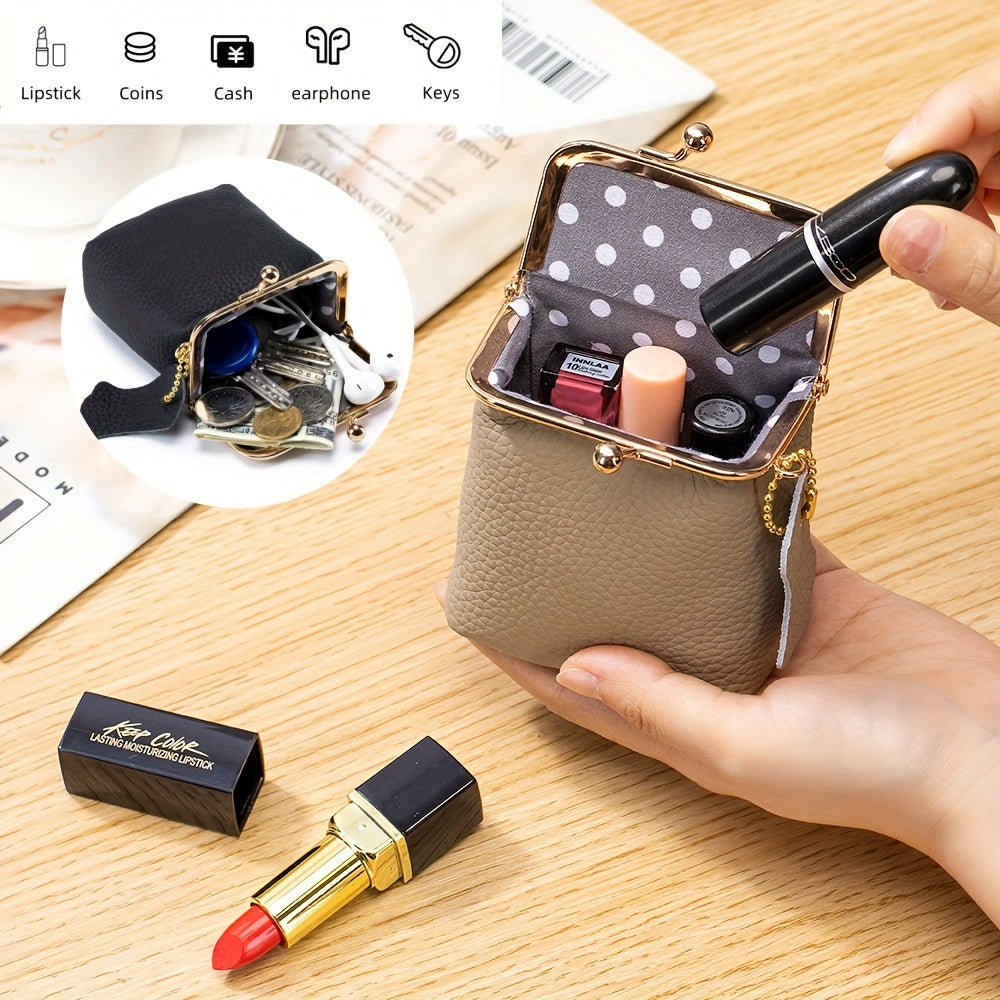 Vintage Genuine Leather Mini Bag Organizer with Secure Kiss Lock - Spacious Coin Purse, Key Holder, Earphone & Lipstick Case, Multi-Purpose Travel Cosmetic Pouch