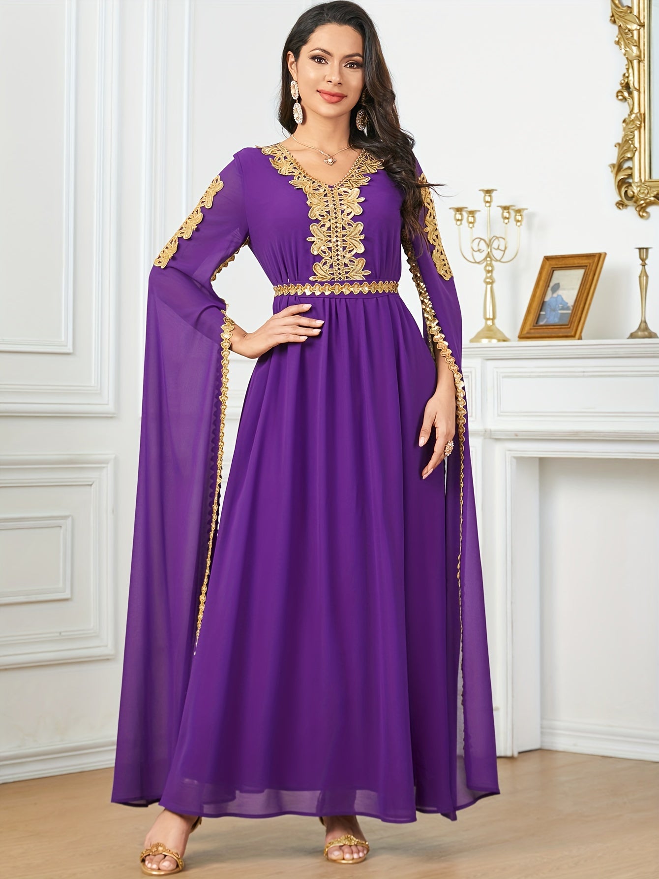 Elegant Black Sequin Embroidered A-Line Maxi Abaya Dress with Golden-Tone Embroidery, Slit Sleeves & Adjustable Waist Belt - Middle Eastern-Inspired Formal Party Wedding Guest Dress, Cultural Attire, Nontransparent Fabric