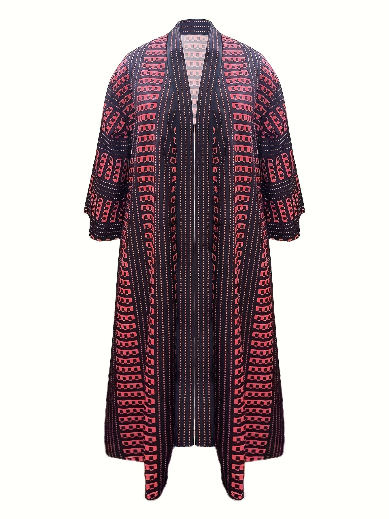 Chic Plus Size Open Front Kimono Abaya Cardigan - Casual & Versatile, Machine Washable, Polyester Blend with Elastane, Elegant Print Design