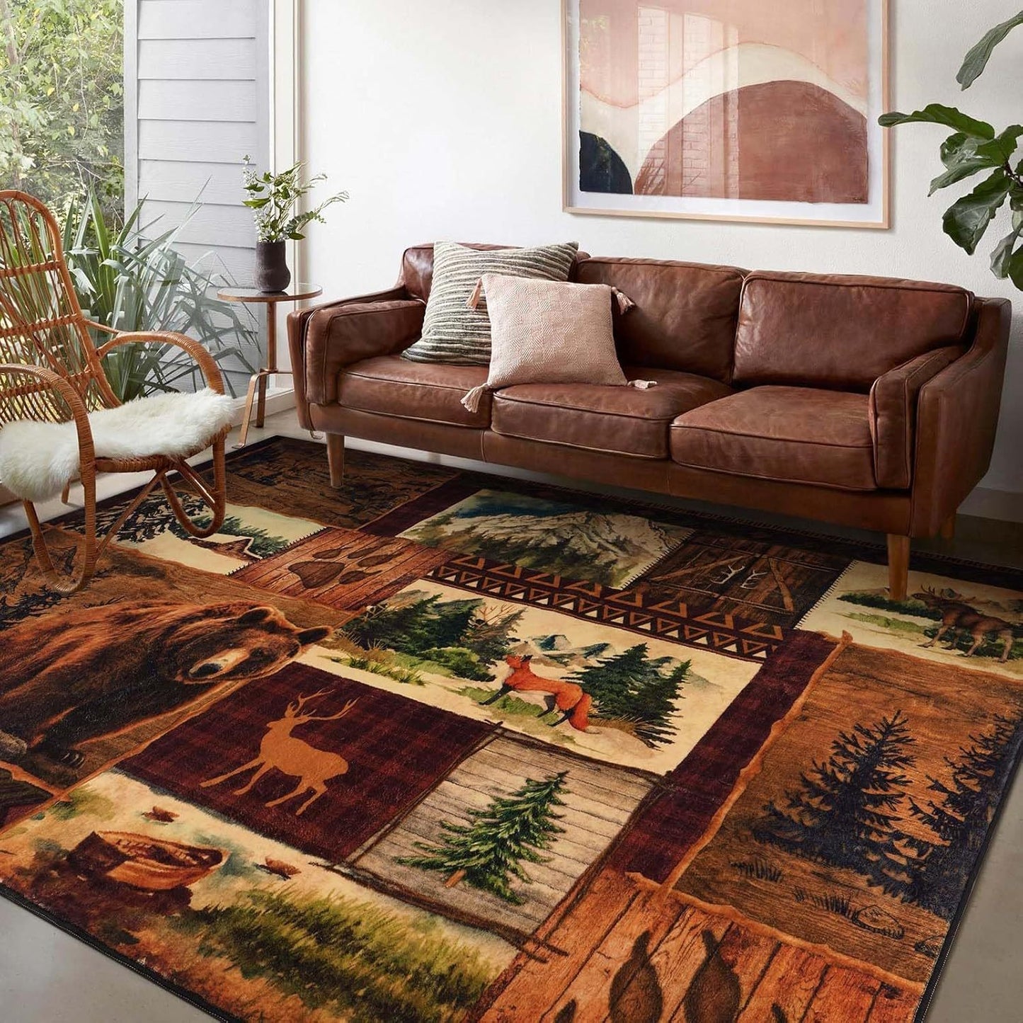 small house bear moose throwing carpet, area carpet in farmhouse style, used for living room and bedroom entrances, non slip washable soft brown floor carpet, retro rural wildlife home decoration area carpet