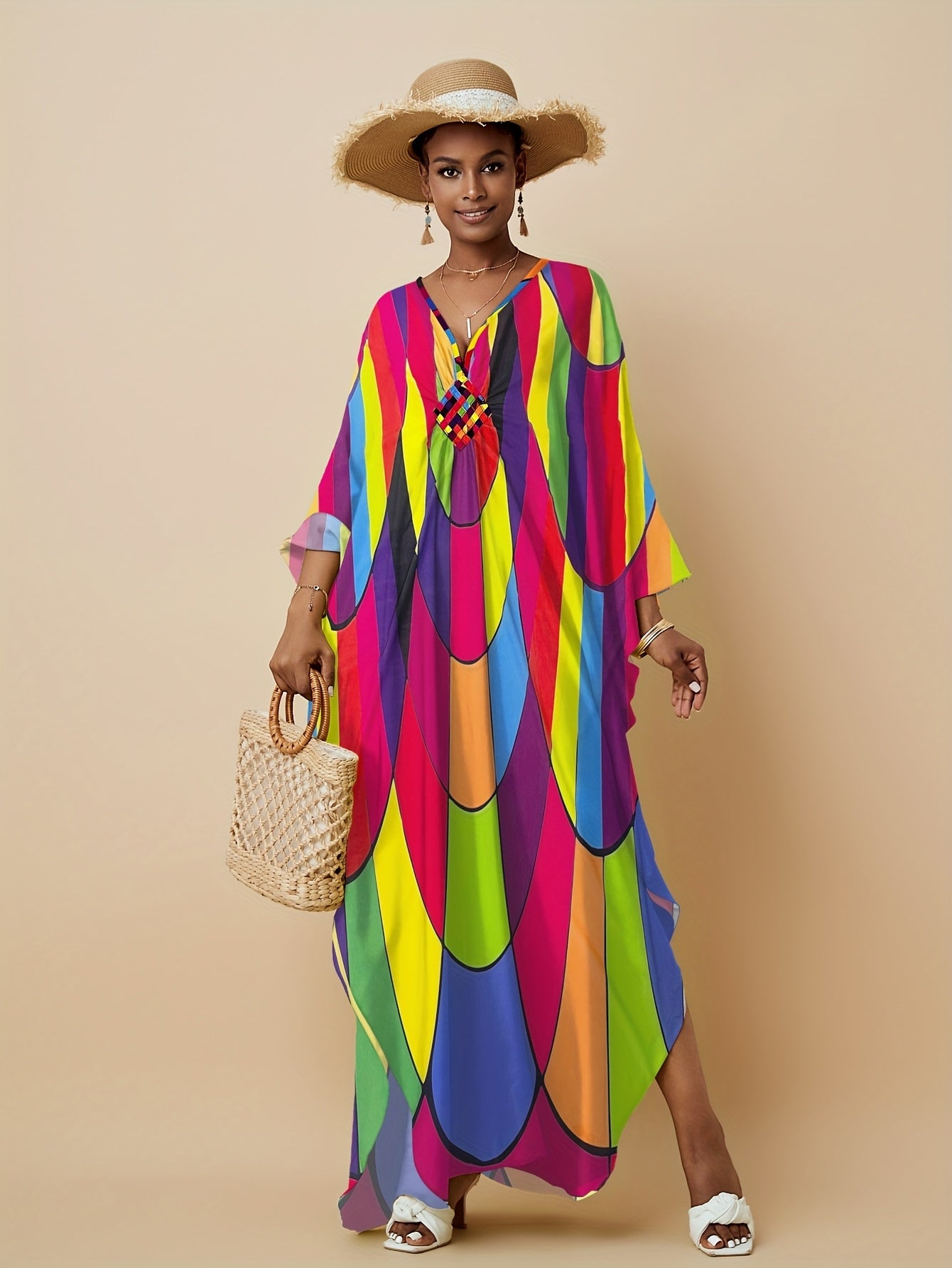 Plus Size, Women's Plus Size Kaftan Dresses Colorful Color Block Patterns Rainbow Prints Ethnic Style Dress Vacation Plus Size Kaftan Robe Beach Cover Up Elegant Kaftan Dress