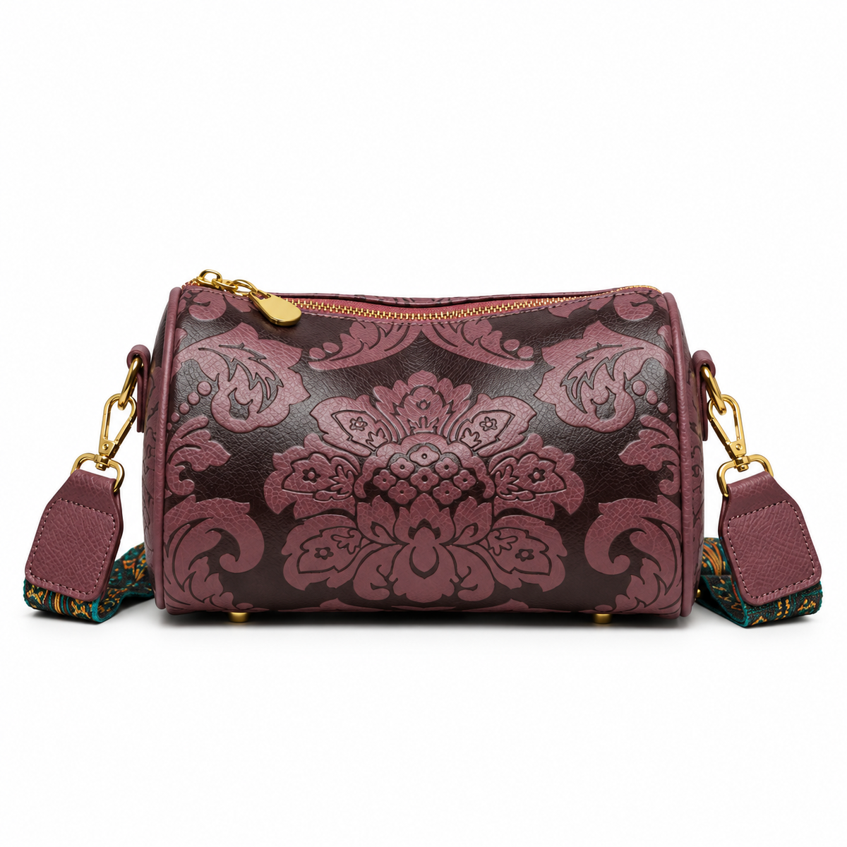 Vintage Floral Damask Barrel Crossbody Bag