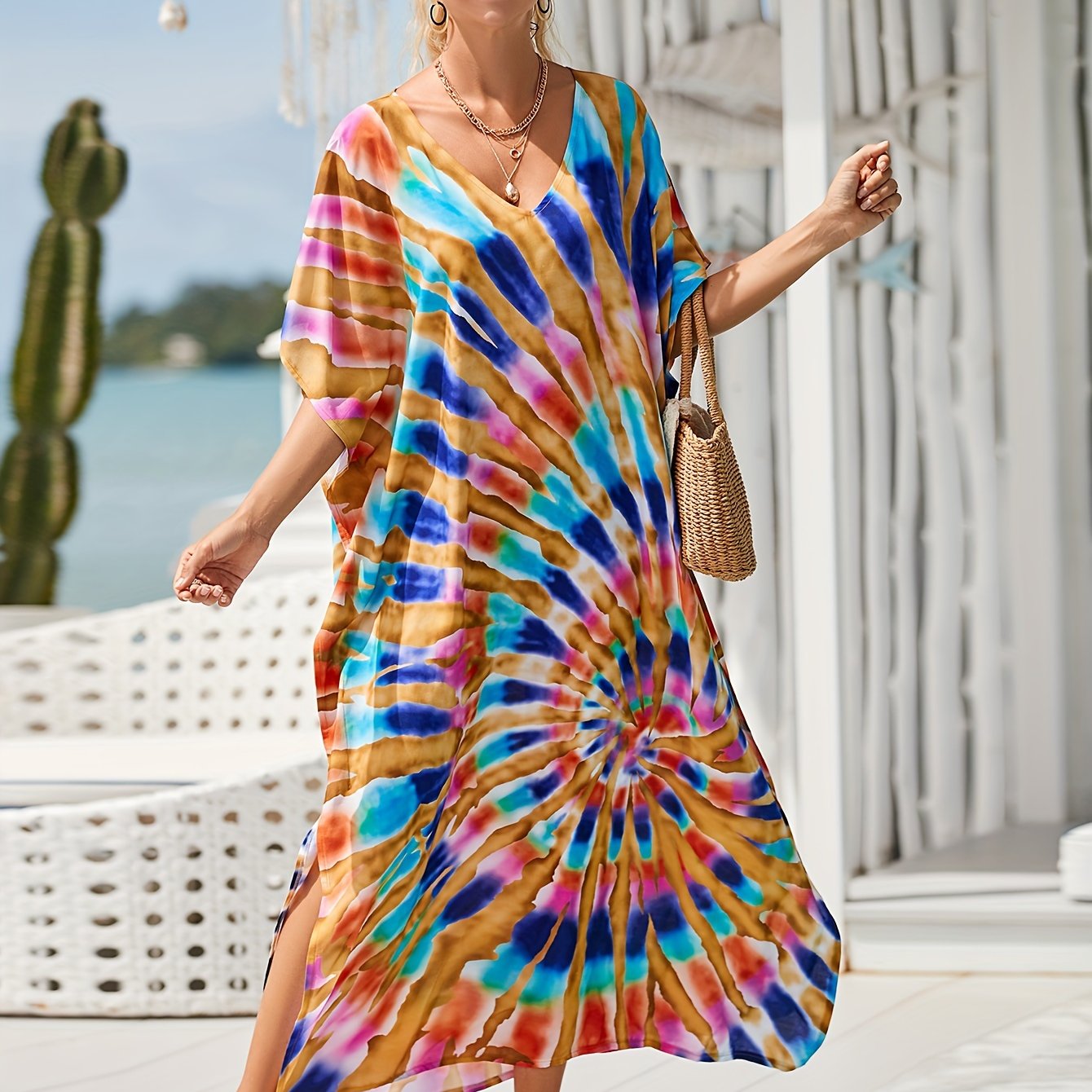 Women's Casual Long Beach Cover Up Shirt With V-neck And Side Slit Bikini Sun Protection Shirt Kaftan dress Swimsuit Cover Up