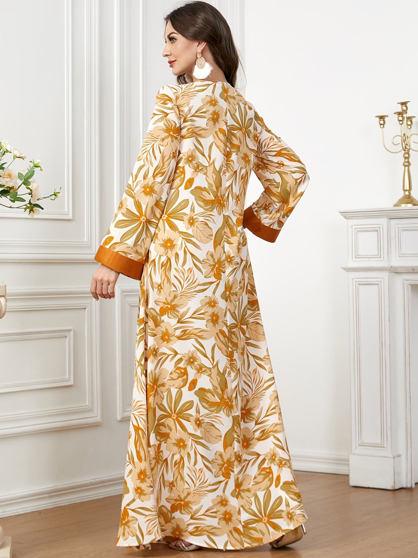 Print Long Sleeve Kaftan Modern Abaya with Embroidered Buttons - Maxi Length, Orange & Cream Floral Design, Polyester Fabric, Machine Washable, All-Season Wear, Floral Print Dress