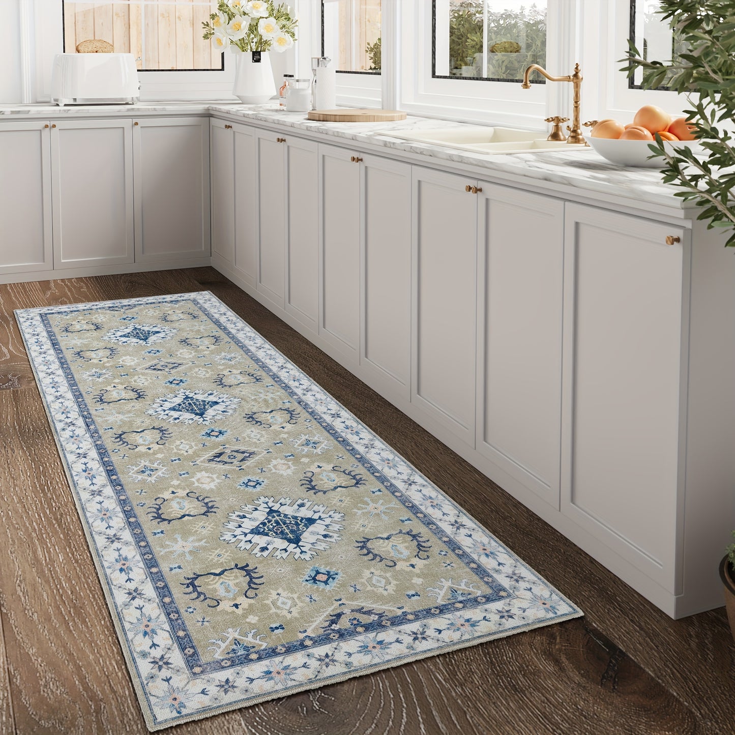 Boho-Chic Vintage Floral Area Rug - Non-Slip, Machine Washable Arabian Carpet, Low-Pile TPR & Polyester Blend, Perfect for Kitchen, Living Room, Bedroom, Dining Room