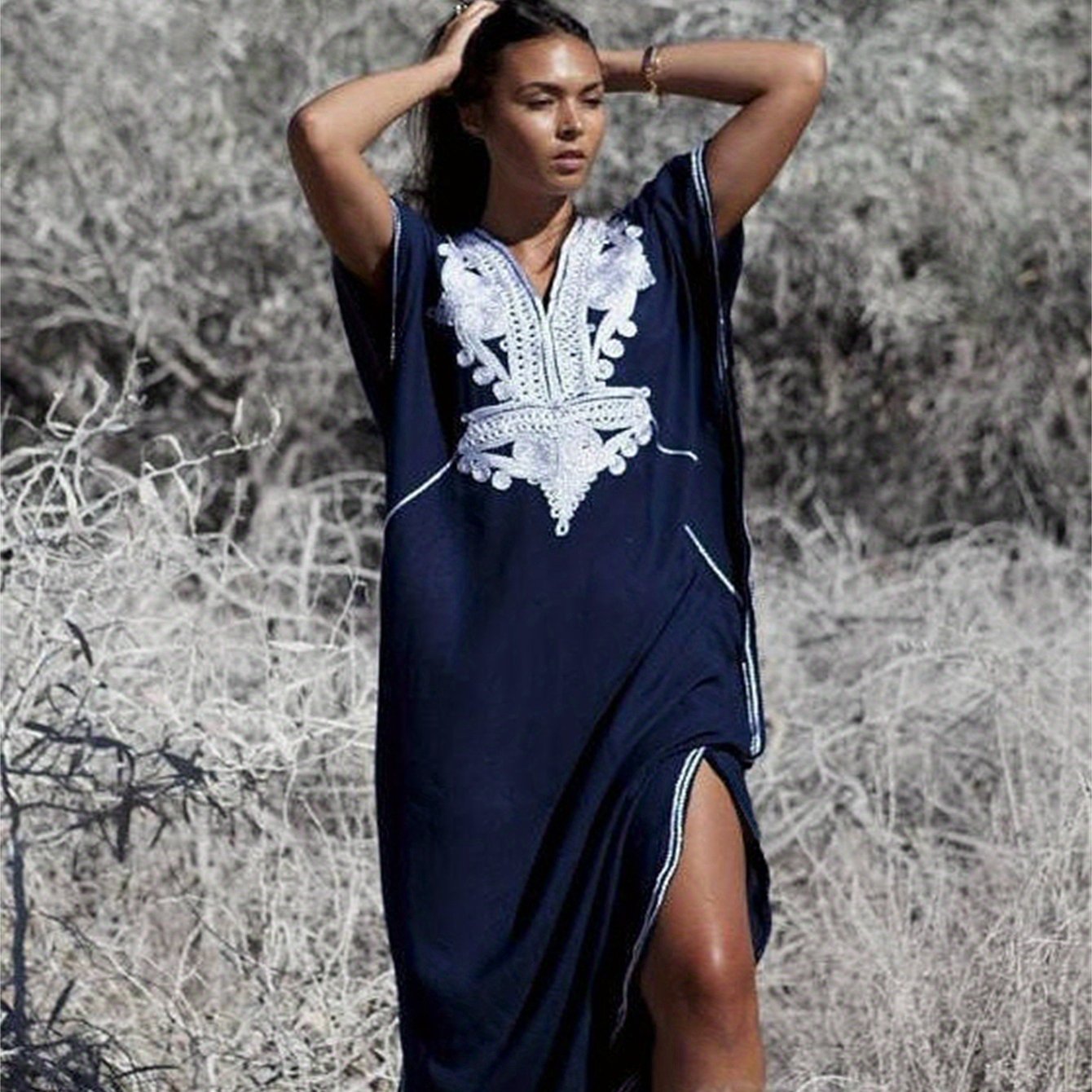 Long Sleeve V-Neck Caftan Dress - Geometric Embroidery Loose Fit Beach Cover-Up