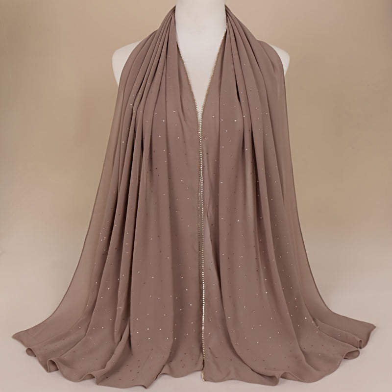 1pc Lightweight Breathable Chiffon Scarf with Sparkling Rhinestone Trim