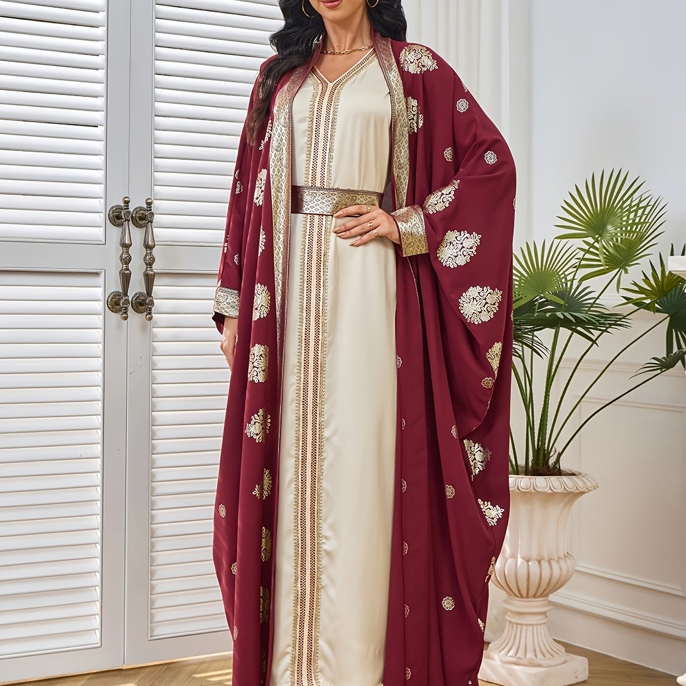 Elegant Maroon & Beige Two-Piece Traditional Dress with Golden Embellishments - Long Sleeve Kaftan Abaya with Batwing Sleeves, Floor-Length Gown for Weddings & Formal Events