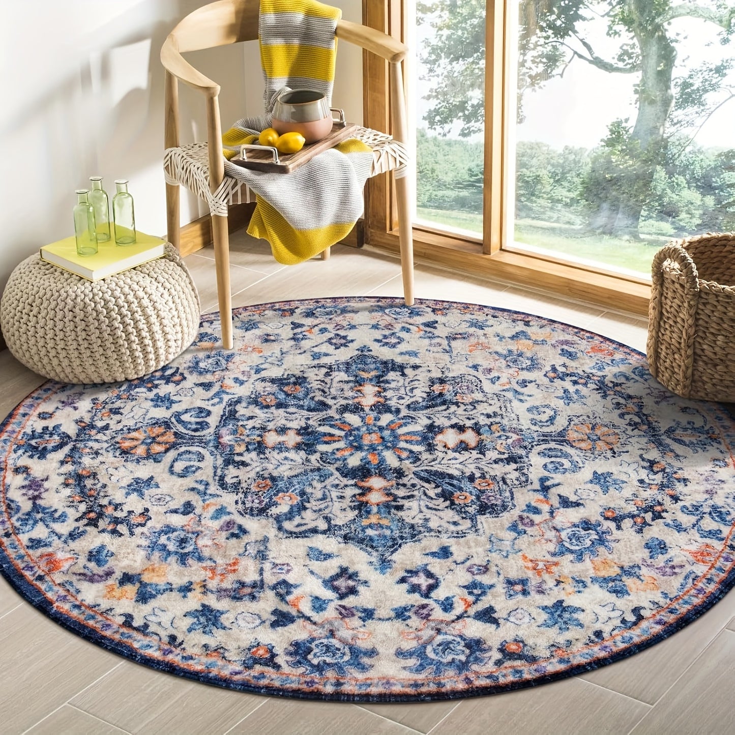 Bohemian Round Rug Bedroom Round Area Rug Soft Bathroom Circle Mat, Vintage Machine Washable Non Slip Low Pile Indoor Floor Carpet For Kitchen, Laundry Room, Entryway
