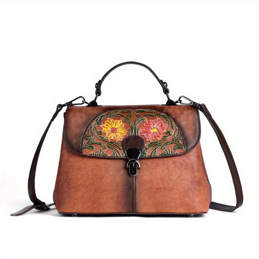 Vintage Embossed Genuine Leather Women’s Handbag – Retro Floral Design, Crossbody & Shoulder Bag with Detachable Strap, Elegant Clasp Closure, Event Crossbody Bag