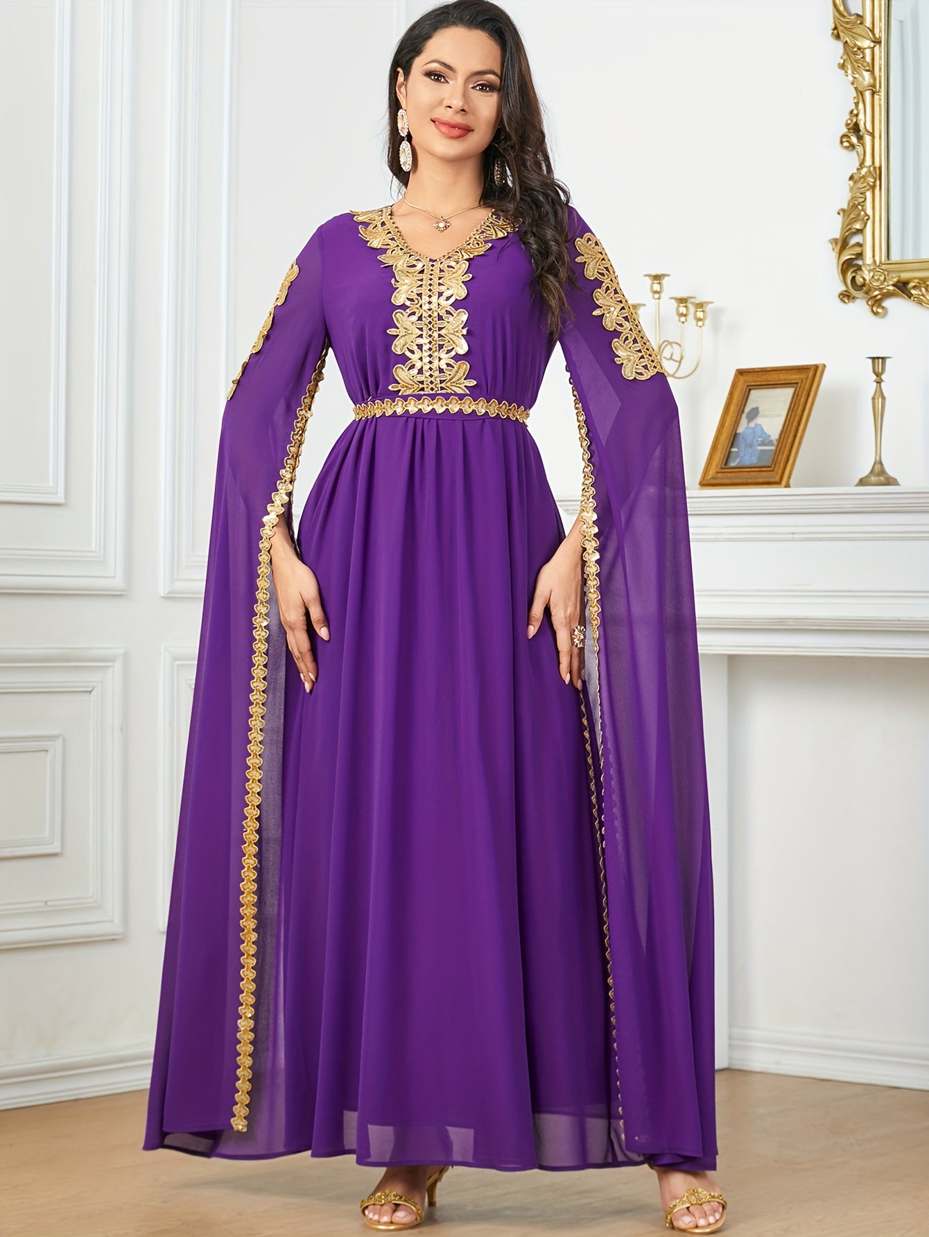 Elegant Black Sequin Embroidered A-Line Maxi Abaya Dress with Golden-Tone Embroidery, Slit Sleeves & Adjustable Waist Belt - Middle Eastern-Inspired Formal Party Wedding Guest Dress, Cultural Attire, Nontransparent Fabric