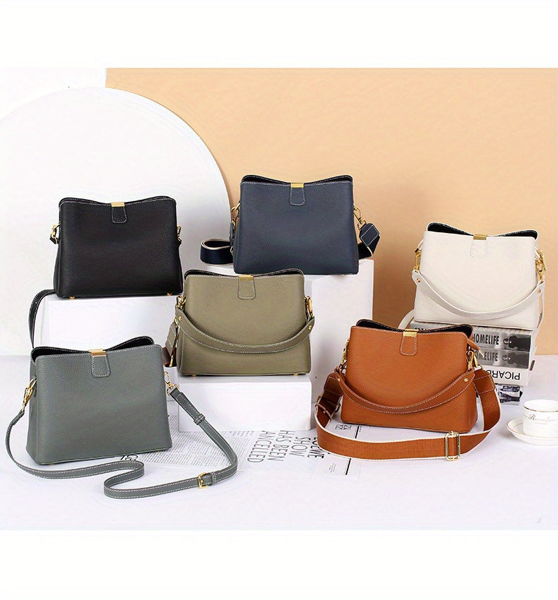 2025 New Model, High-End Grey Leather Women'S Handbag, Cowhide Large Capacity Bucket Bag, Versatile Commuting Shoulder Crossbody Bag, Lightweight And Fashionable Daily Bag