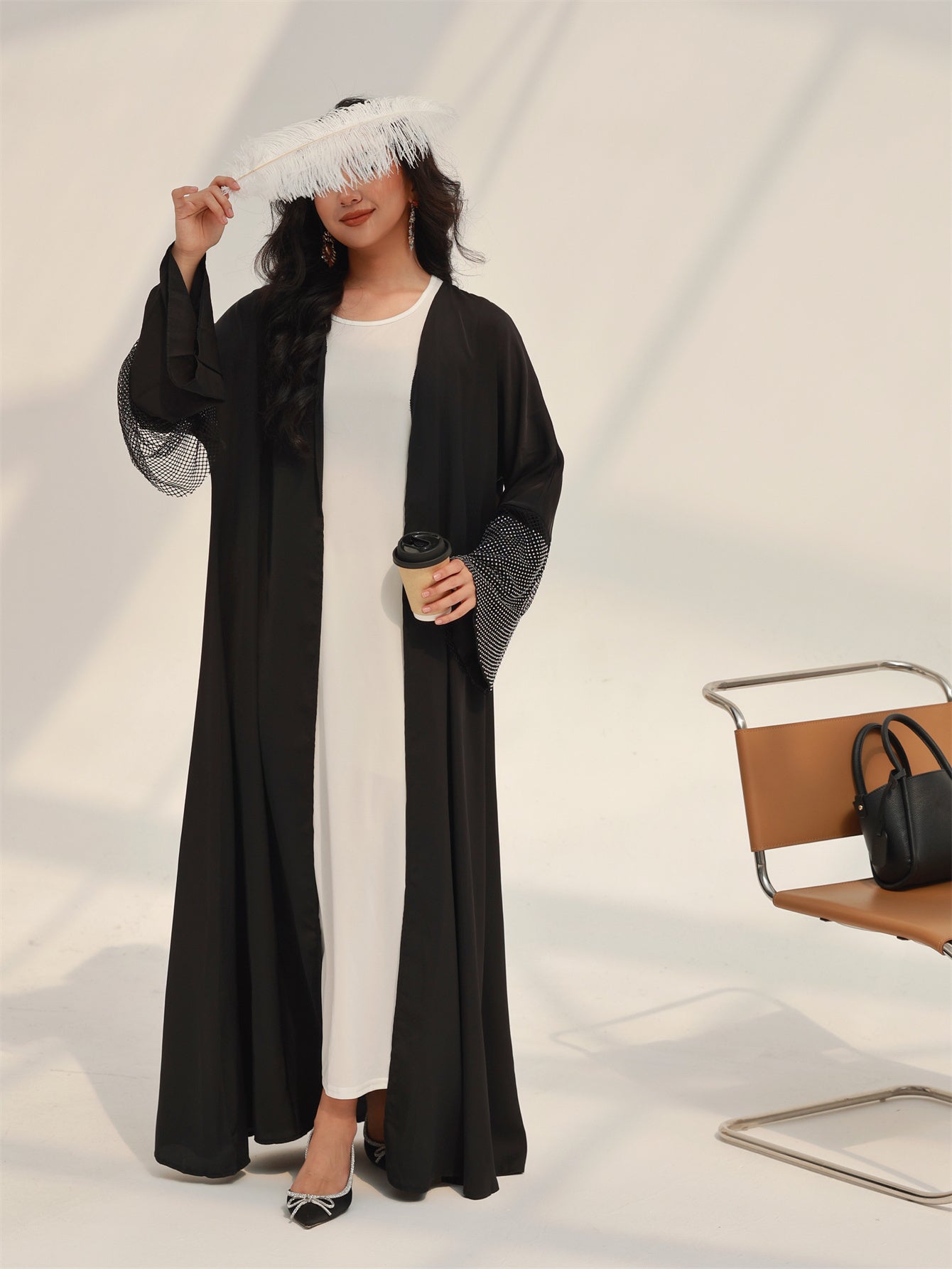 Elegant Middle Eastern Turkish Abaya Kaftan with Rhinestone Sleeves - Black & White Two-Tone Loose Fit Long Robe, Floor-Length Modest Islamic Dress for Women, Hand Wash/Dry Clean